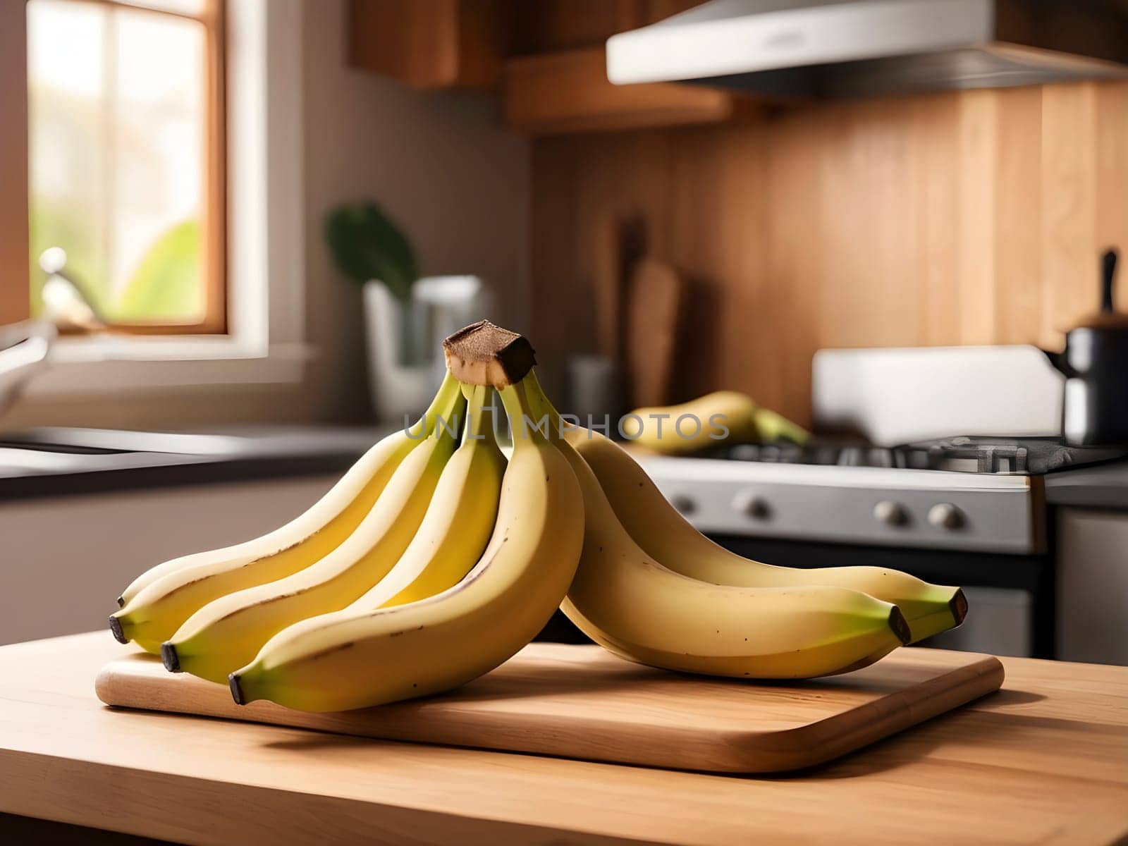 Kitchen Delight: Bananas Bathed in Afternoon Glow on Wood.