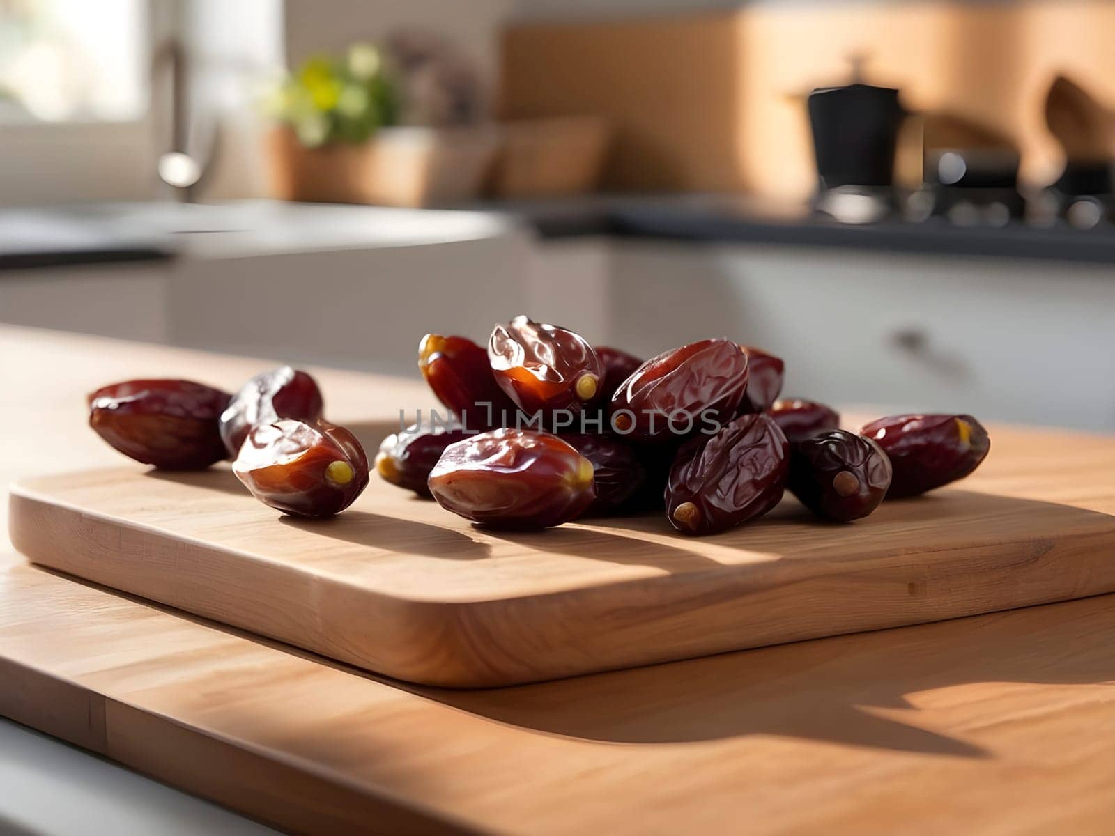 Sundrenched Dates: A Rustic Presentation on a Wooden Board in the Afternoon Glow.