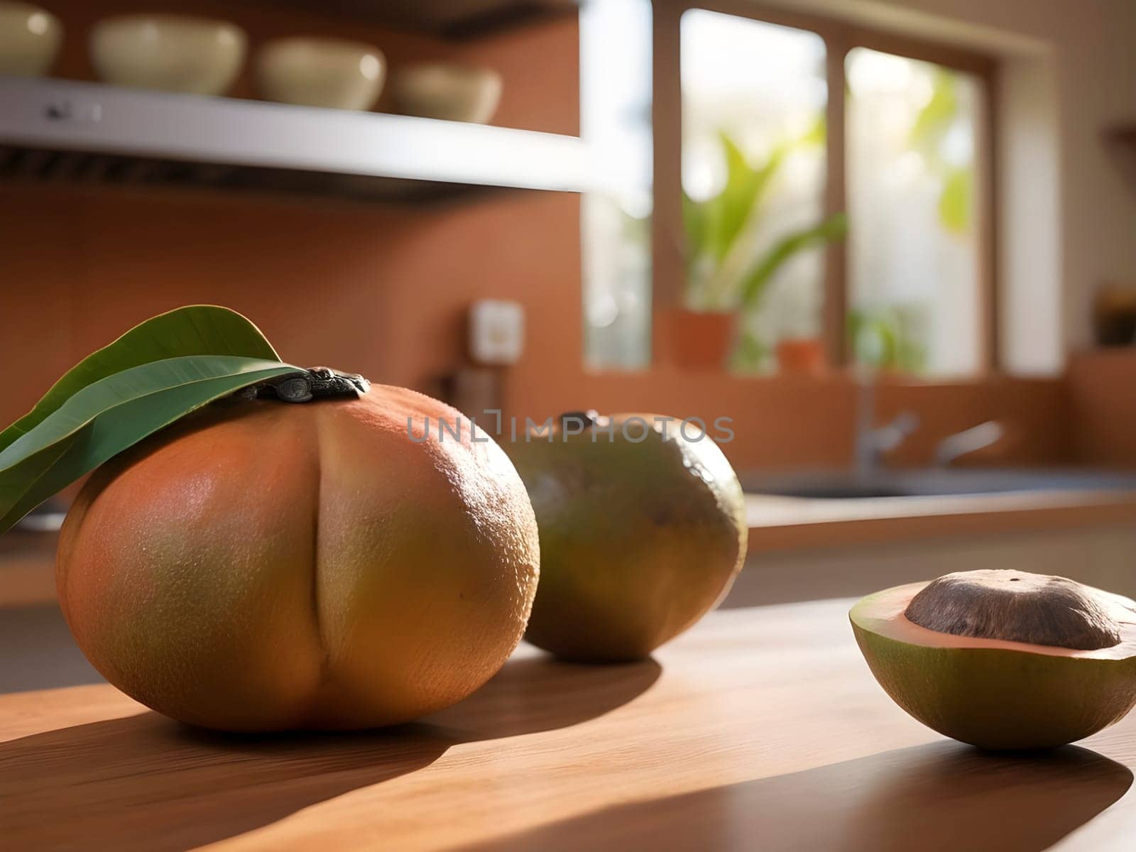 Sapote Serenity: A Kitchen Bathed in Afternoon Light Frames the Foreground Fruit.