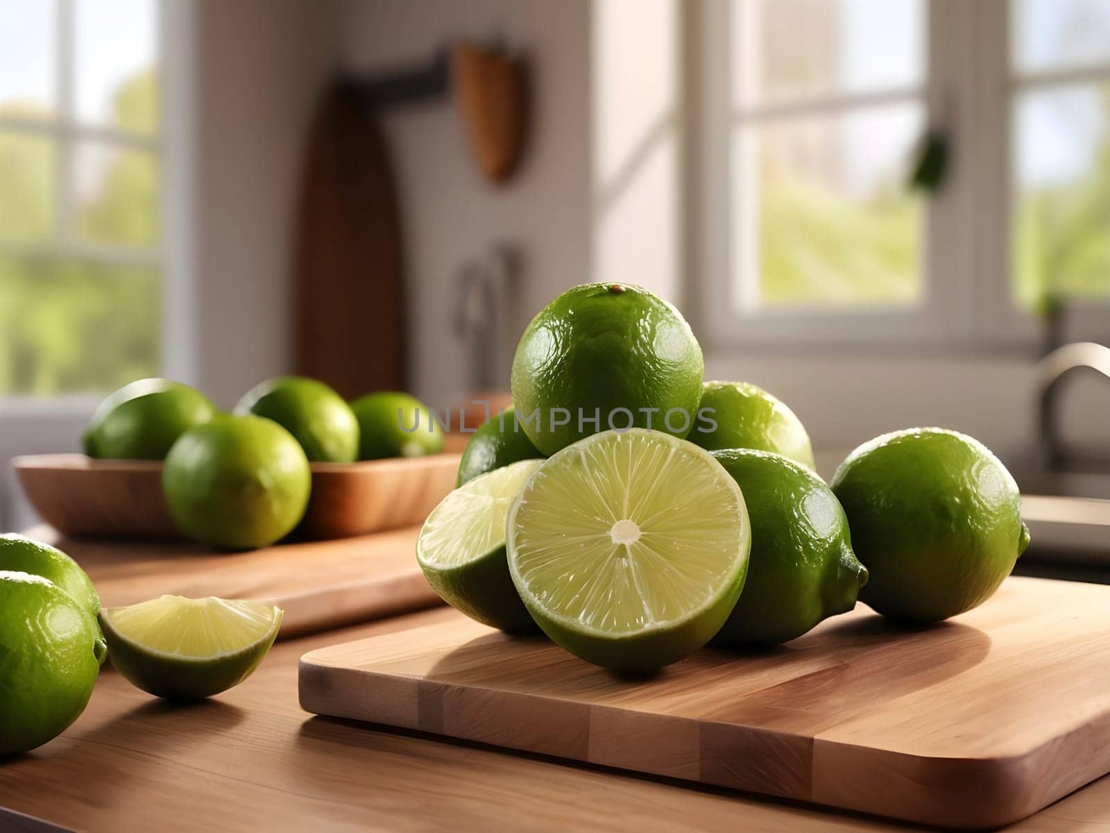 Citrus Glow: Limes Basking on a Wooden Cutting Board in Soft Afternoon Light.