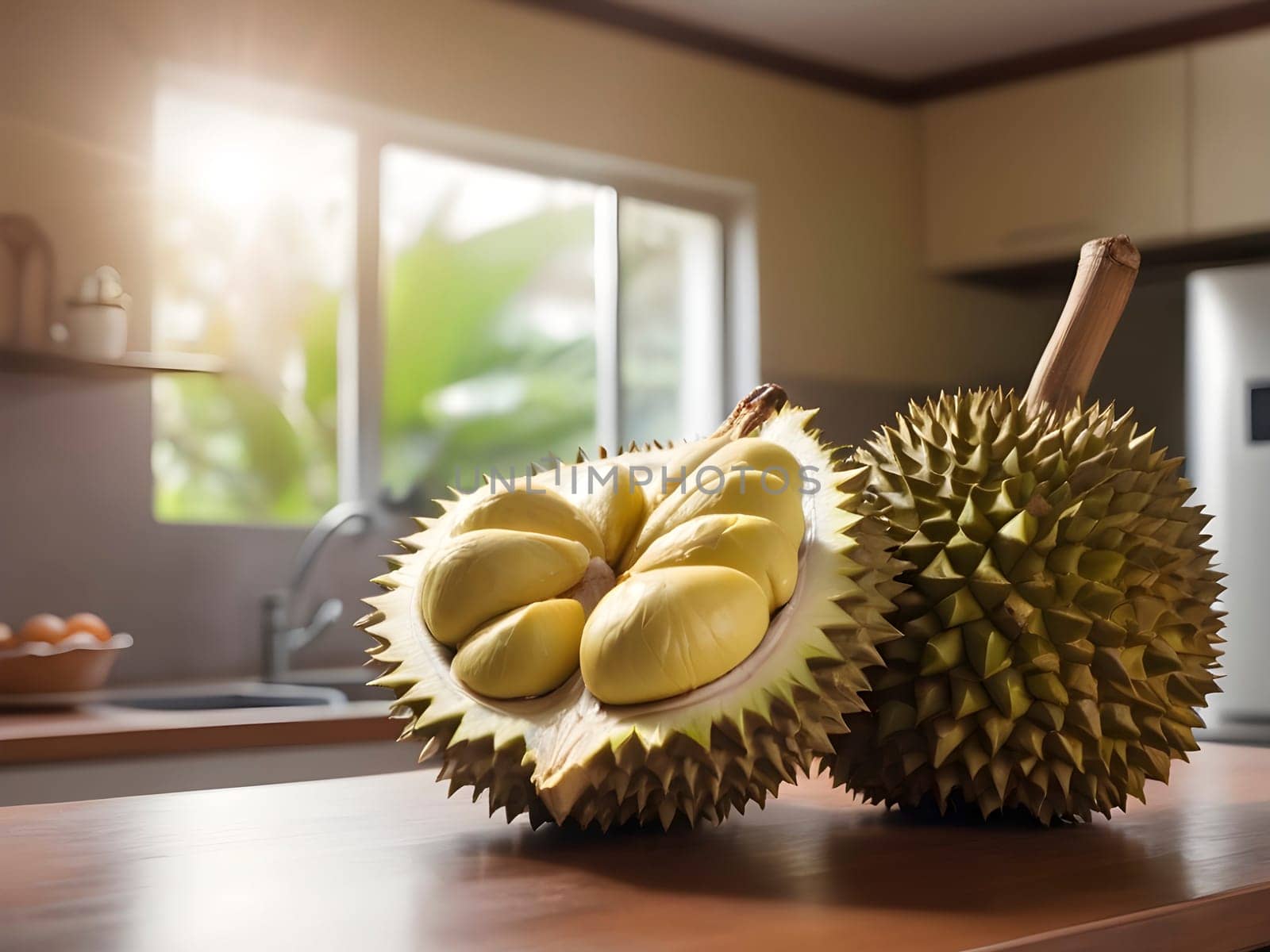 Tropical Indulgence: Durian Centerstage in a Sunlit, Inviting Kitchen Setting.