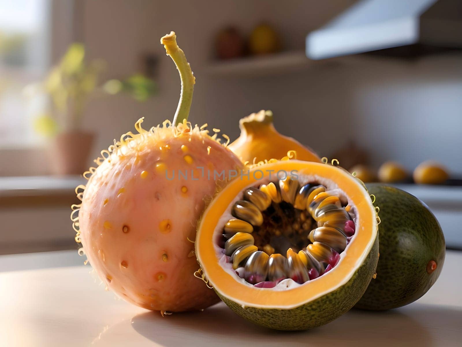 Golden Hour Ambiance: Granadilla in Focus Amidst Soft Kitchen Glow.