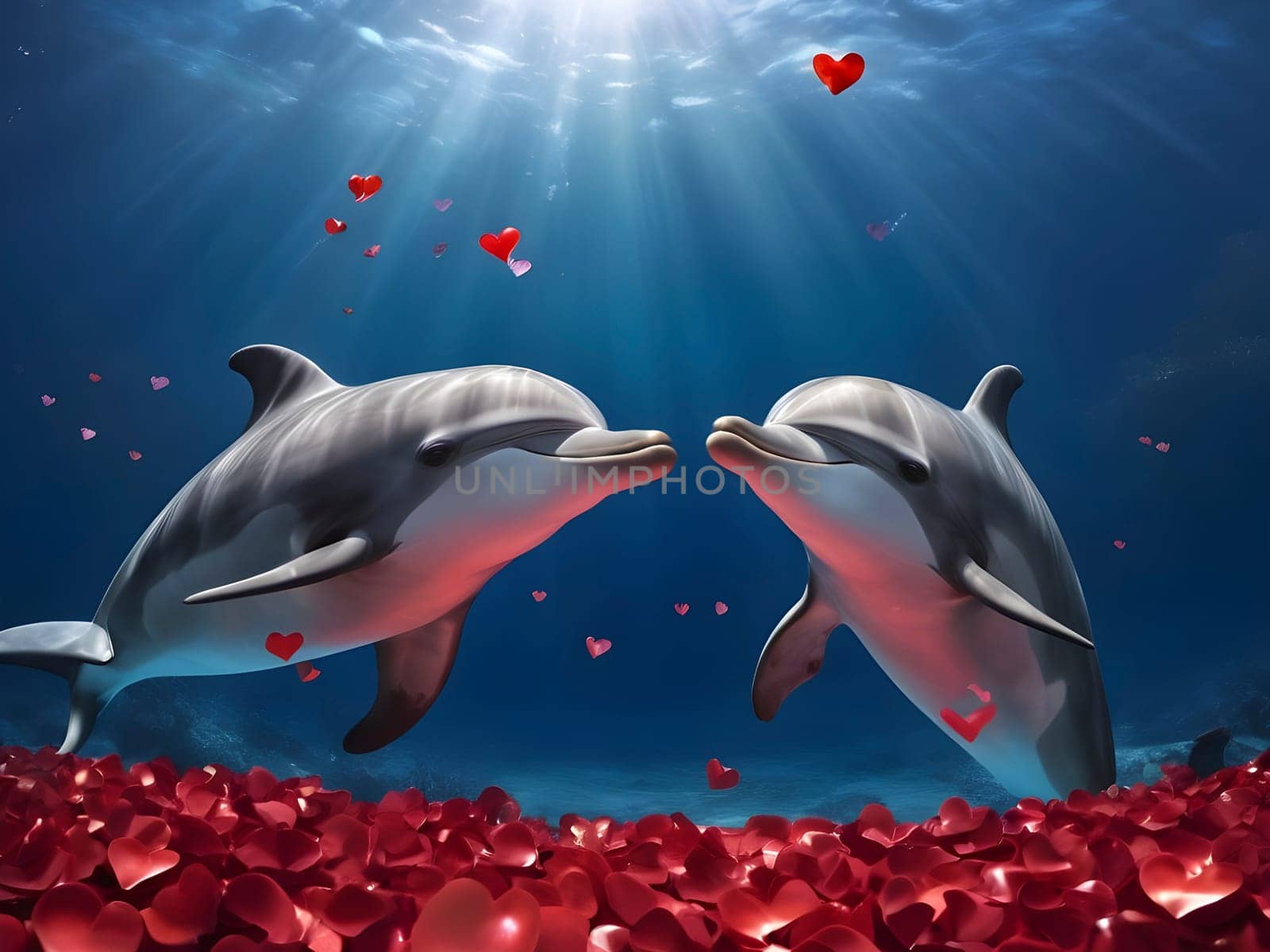Dolphin Love: A Romantic Underwater Ballet with Valentine Hearts.