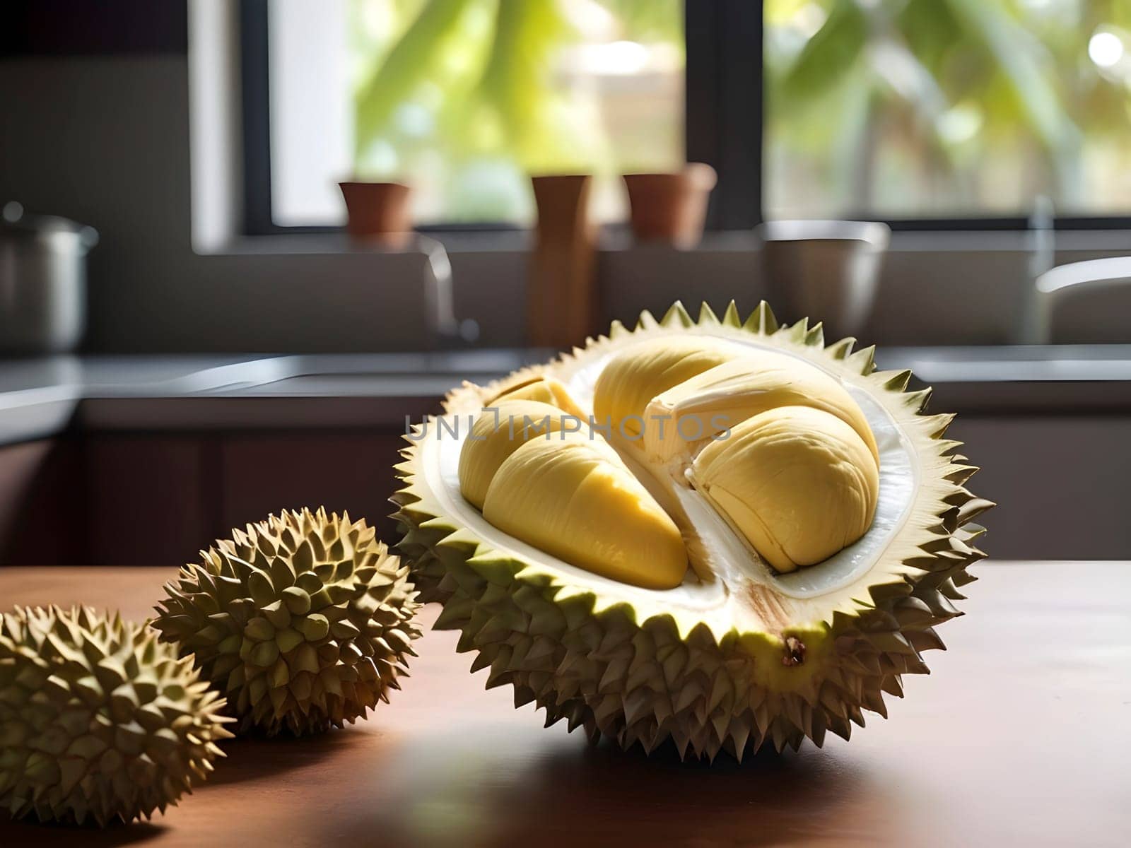 Golden Hour Feast: Durian Spotlight in a Cozy Kitchen Bathed in Afternoon Warmth.