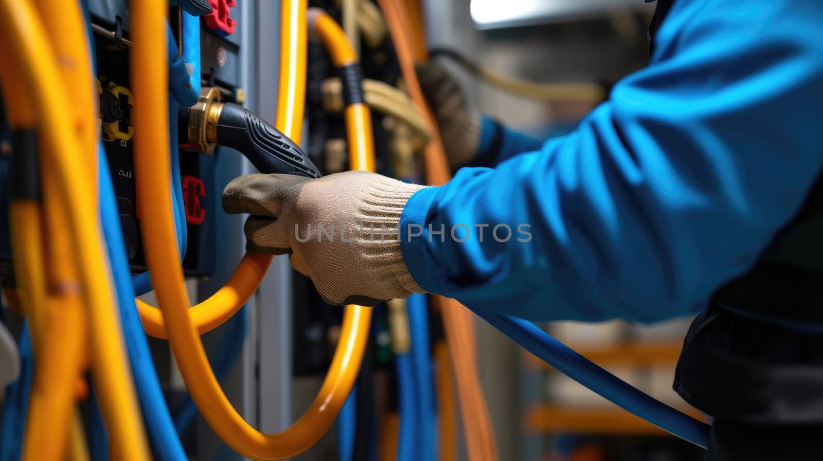 An engineer is using a drill to work on an electrical box, wearing electric blue workwear and safety gloves, handling wires and metal. AIG41