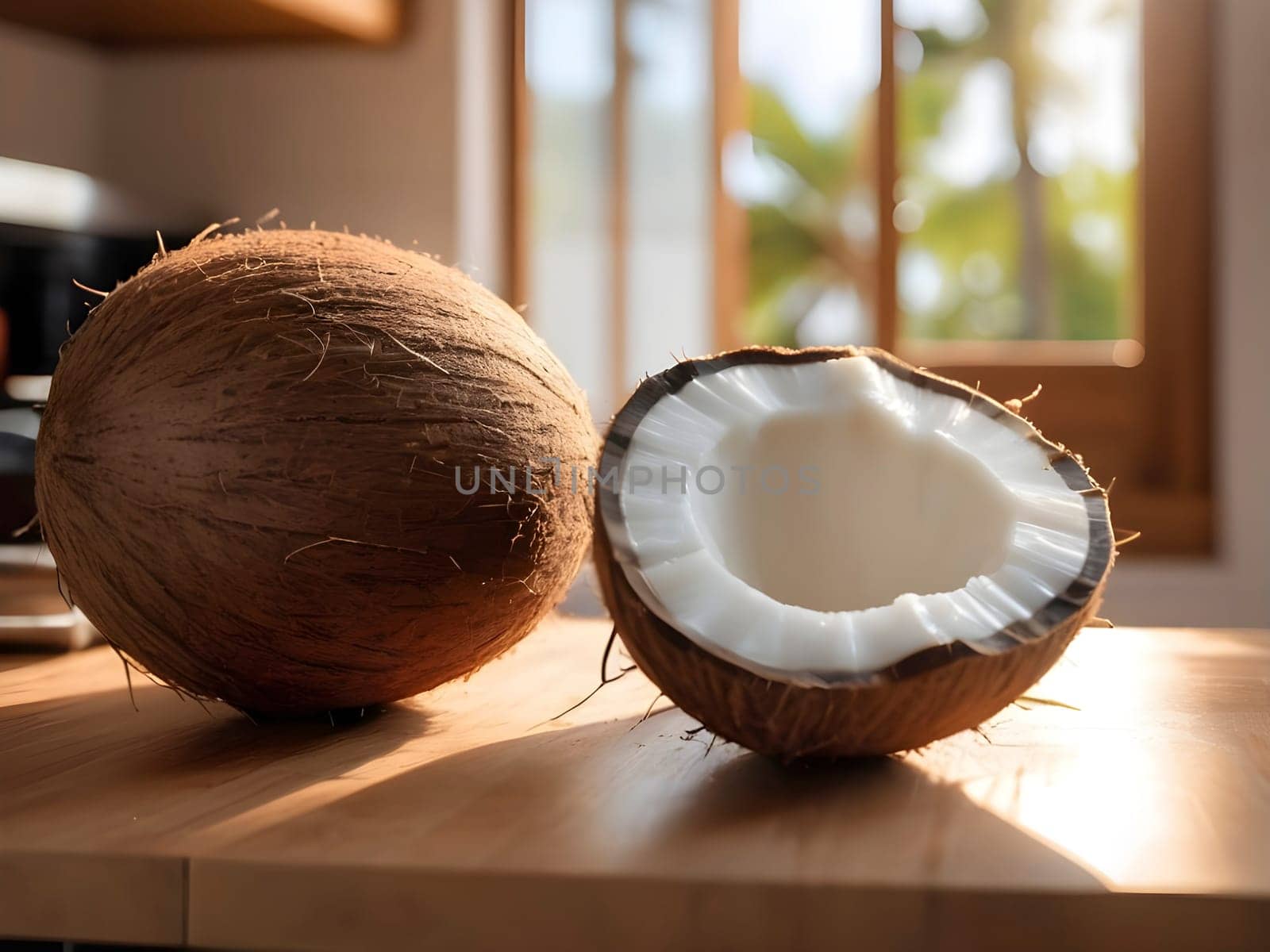 Tropical Ambiance: A Coconut on Wooden Surface with Soft Kitchen Background.