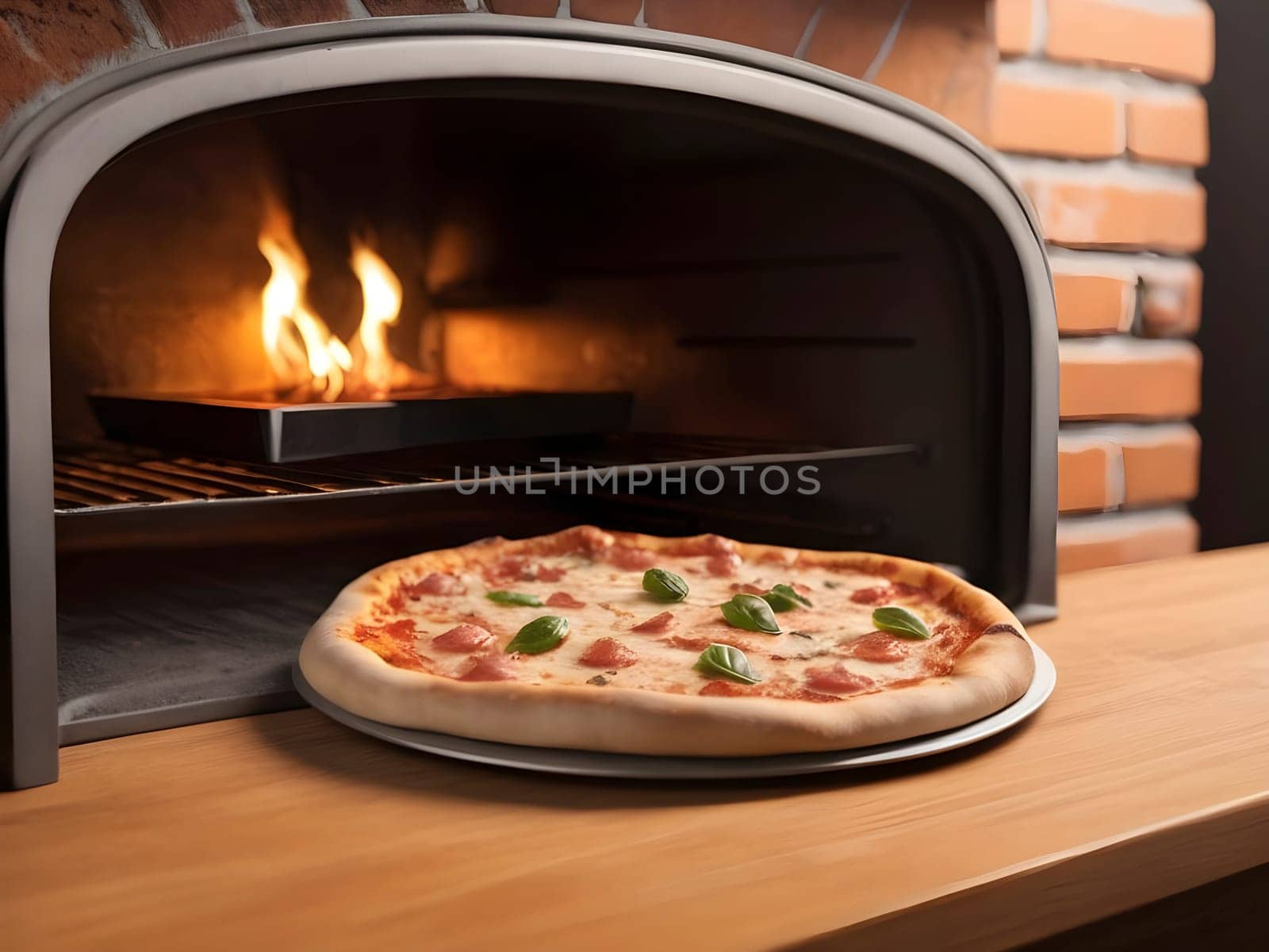 Oven-Fresh Delight: Pizza Perfection on a Wooden Table.