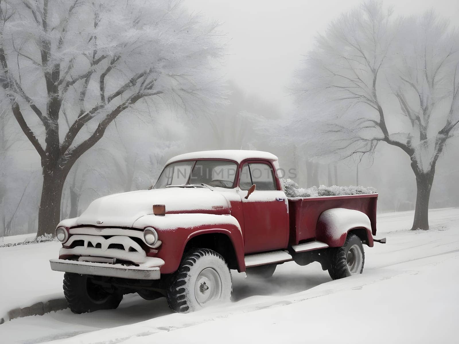 Snow-Covered Journey: A Vehicle Standing Out in the Winter Landscape by mailos