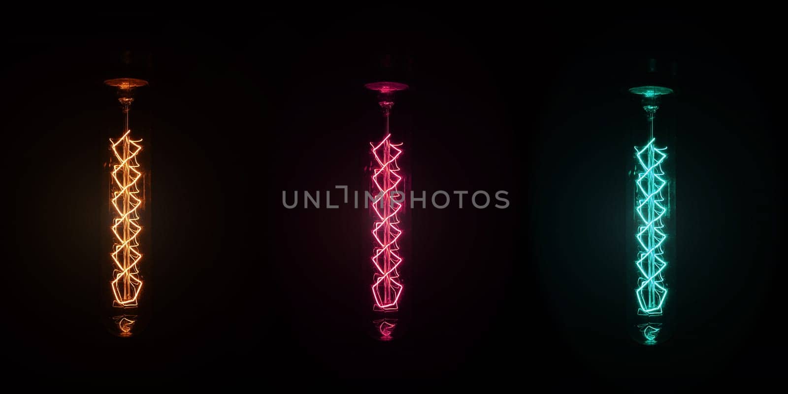 Retro looking light bulb glowing on dark background, bright wire visible in glass - colour can be changed with hue / saturation tool by Ivanko