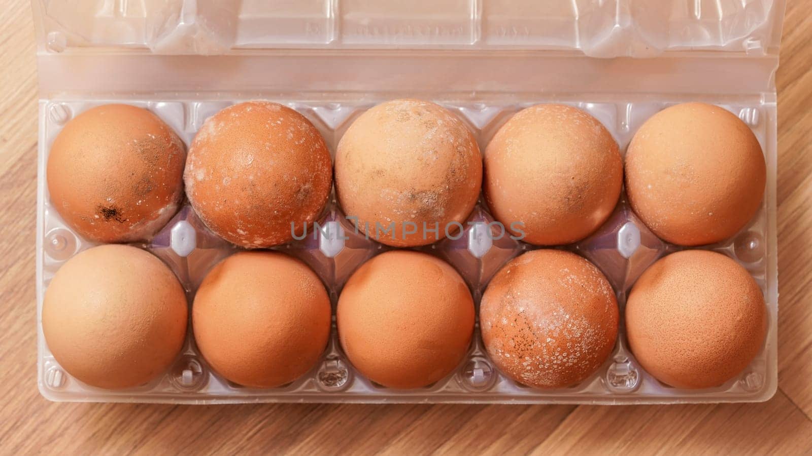 Mildew growing on mouldy eggs stored improperly in wet and cold fridge for long time. Ten pack in plastic packaging, view from above by Ivanko