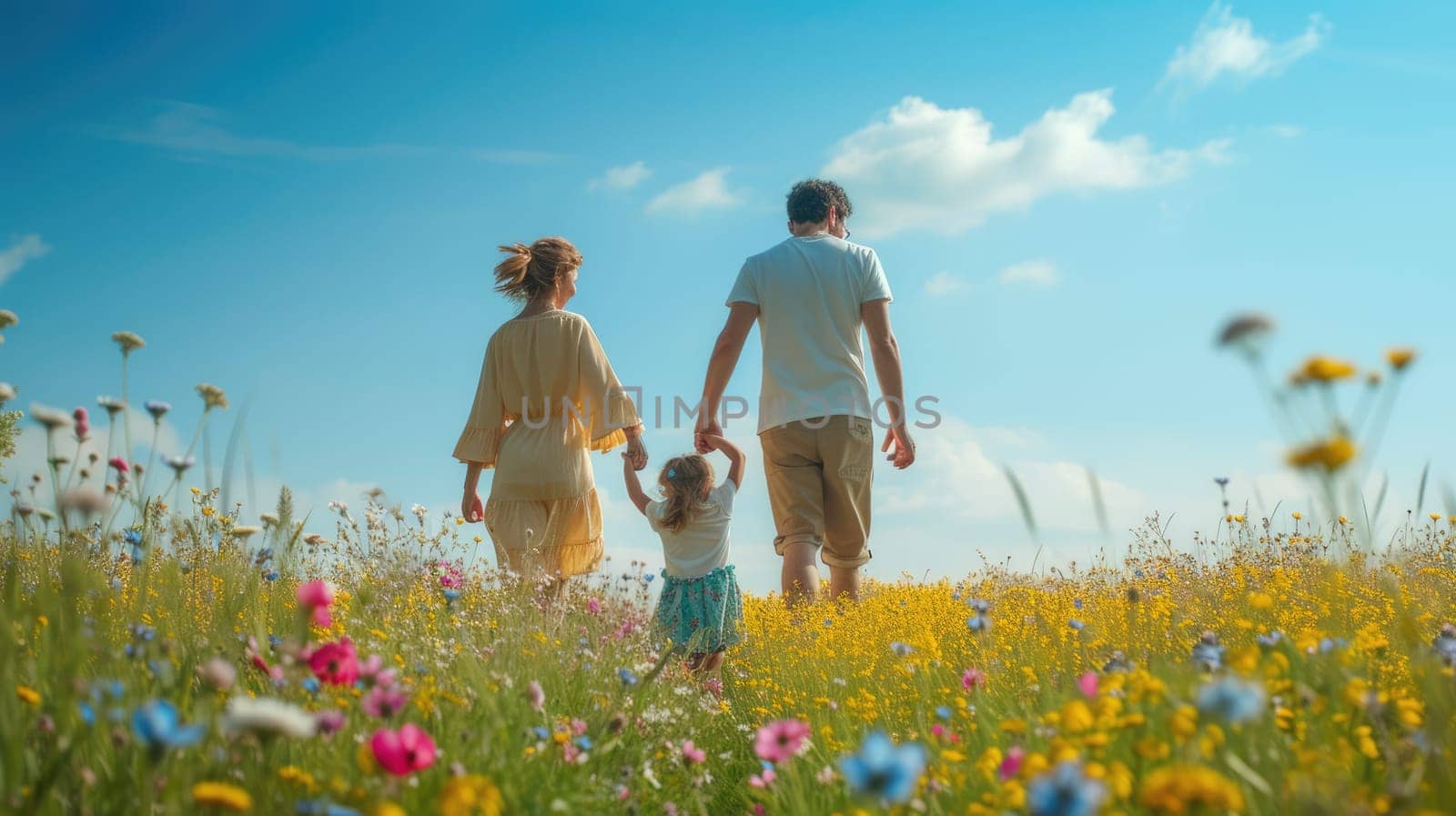 A happy family holding hands walks through a grassy field of flowers, surrounded by the beautiful natural landscape and vast sky. AIG41