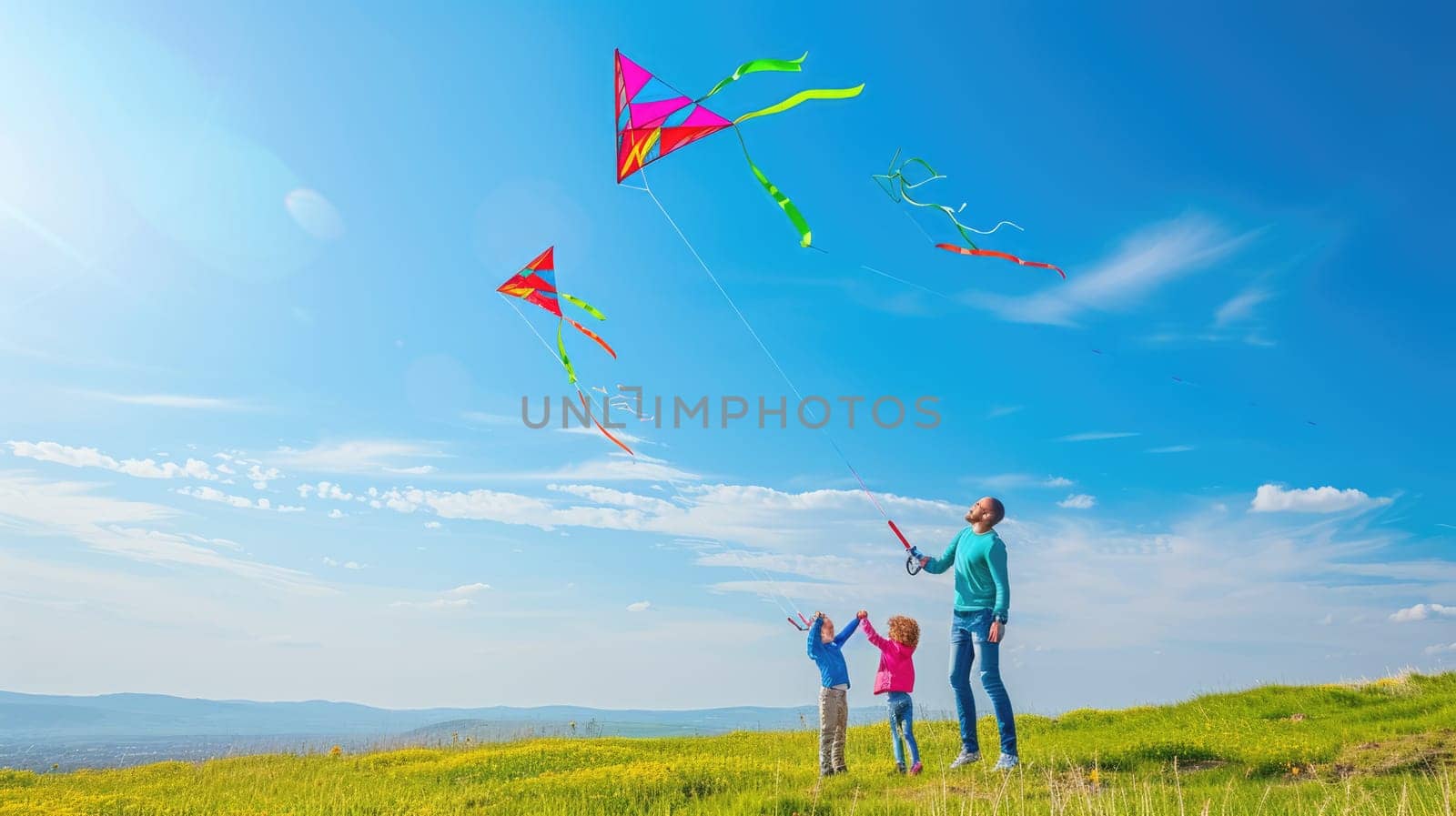 A happy family enjoys flying kites in the sky, surrounded by the natural landscape of a grassy field under the clouds. AIG41