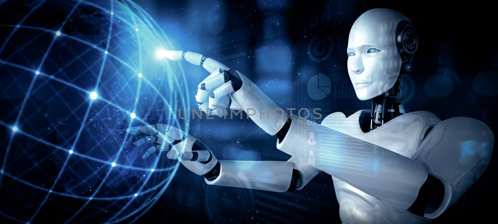 XAI AI humanoid robot touching hologram screen shows concept of global communication by biancoblue