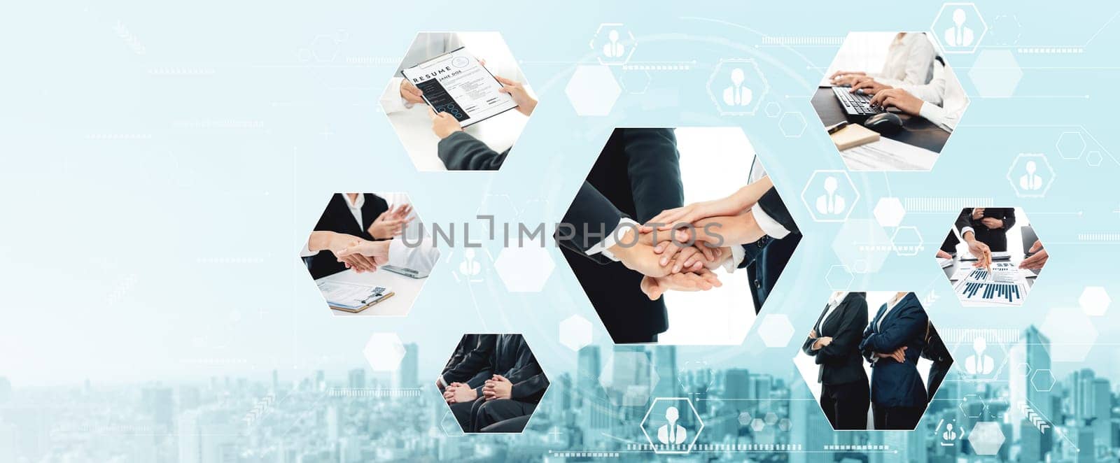 Teamwork and human resources HR management technology concept in corporate business with people group networking to support partnership, trust, teamwork and unity of coworkers in office vexel