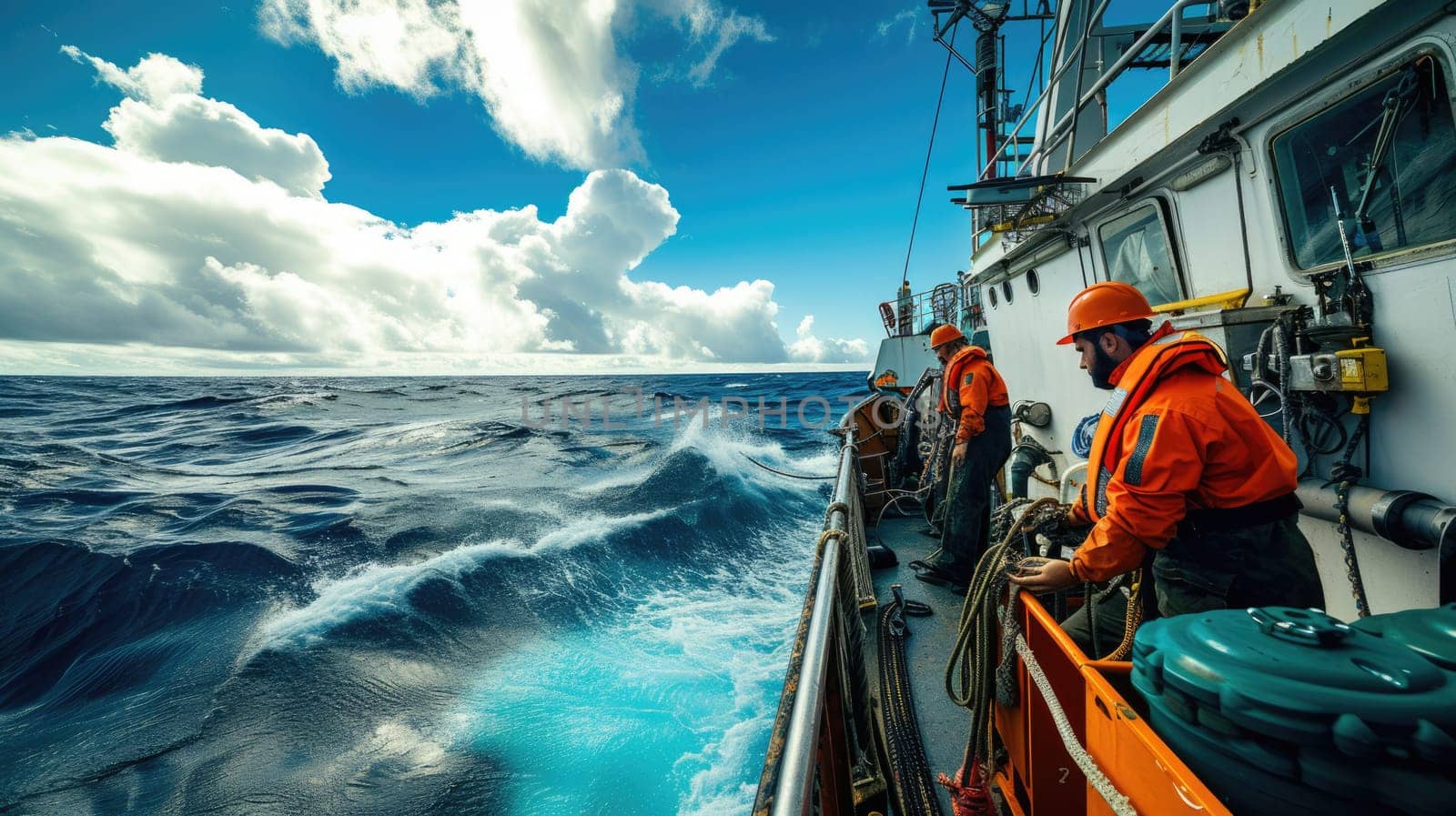 A rugged fishing boat cuts through turbulent ocean waves under a dramatic overcast sky, showcasing the resilience of maritime workers. AIG41