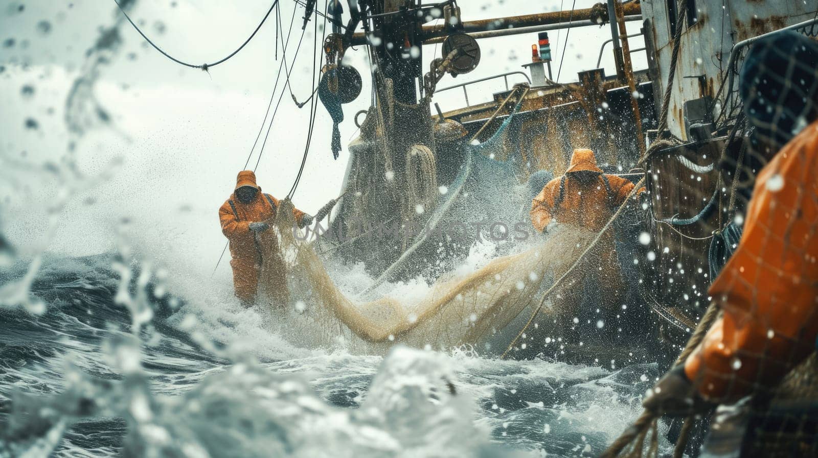 A rugged fishing boat cuts through turbulent ocean waves under a dramatic overcast sky, showcasing the resilience of maritime workers. AIG41