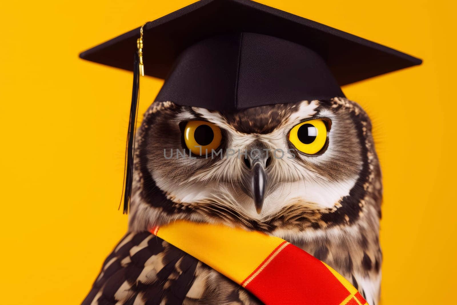 Owl wearing graduation cap with yellow and red ribbon on a yellow background. Education and achievement concept. Studio animal portrait for greeting card and invitation design