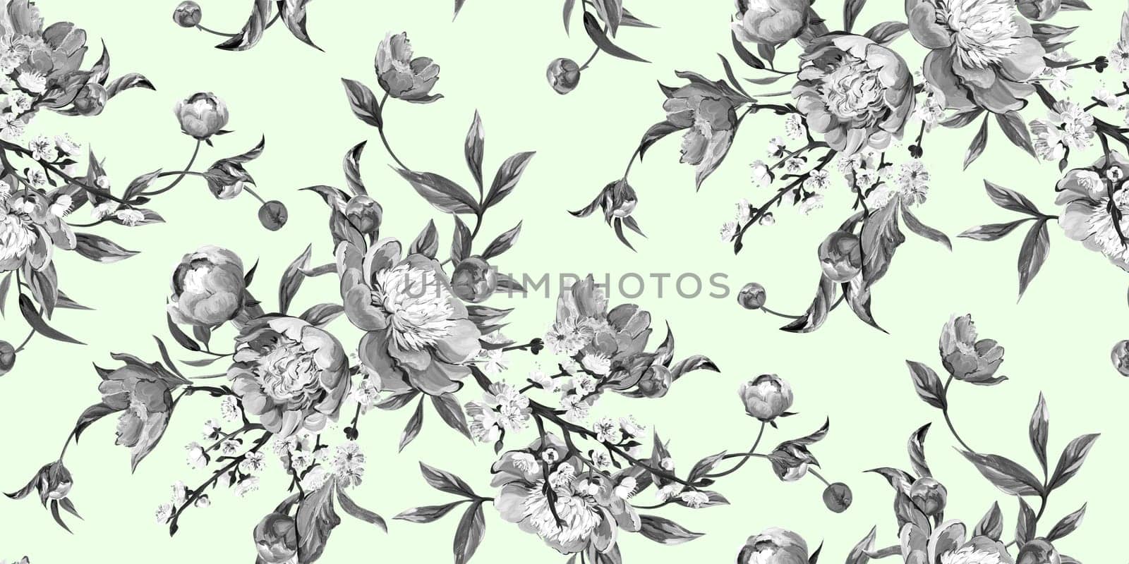 Seamless realistic pattern drawn with pink peonies in a classic oriental style