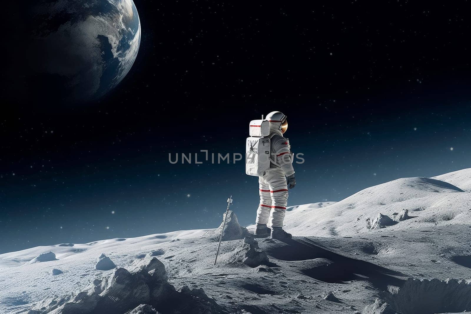 Astronaut standing on the moon with Earth in the background. Space exploration and astronomy concept. Suitable for poster, educational materials, and science communication. Aerial view composition