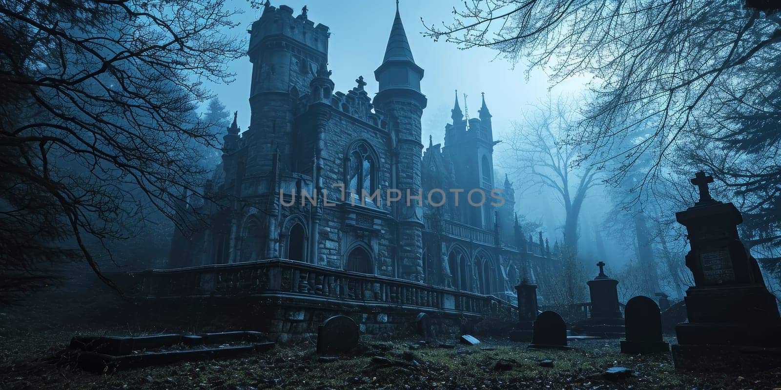 Gothic castle at twilight with mist and crows. Spooky Halloween theme. Landscape shot with space for text for design and print