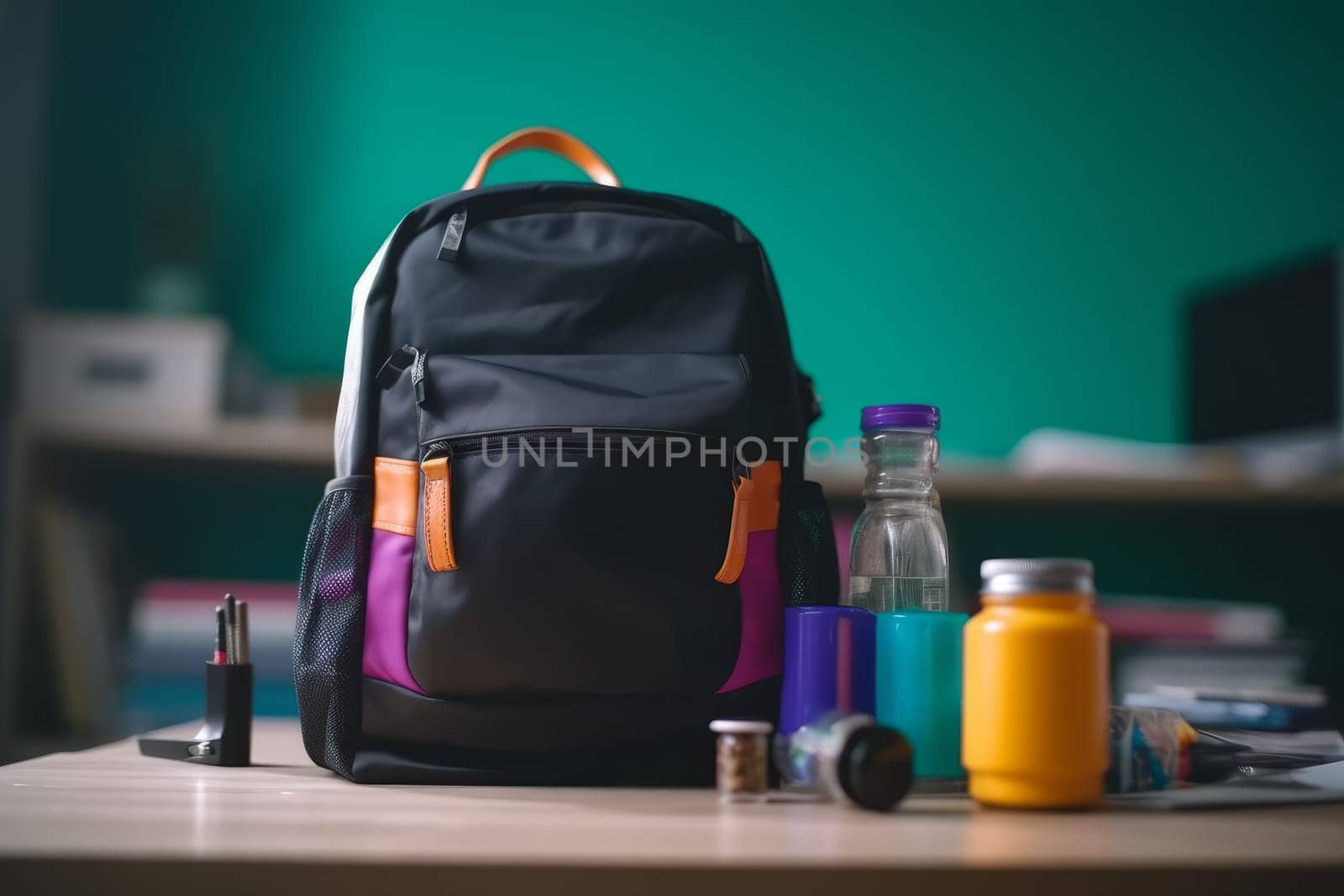 Backpack on school table. Generate Ai by ylivdesign