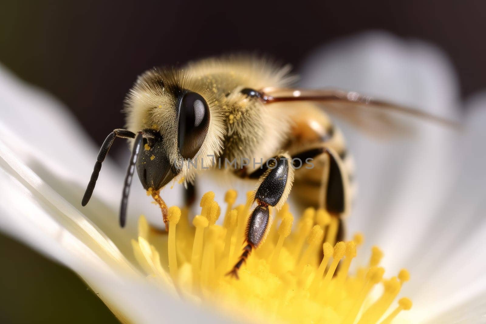 Bee macro flower pollen. Macro insect. Generate Ai