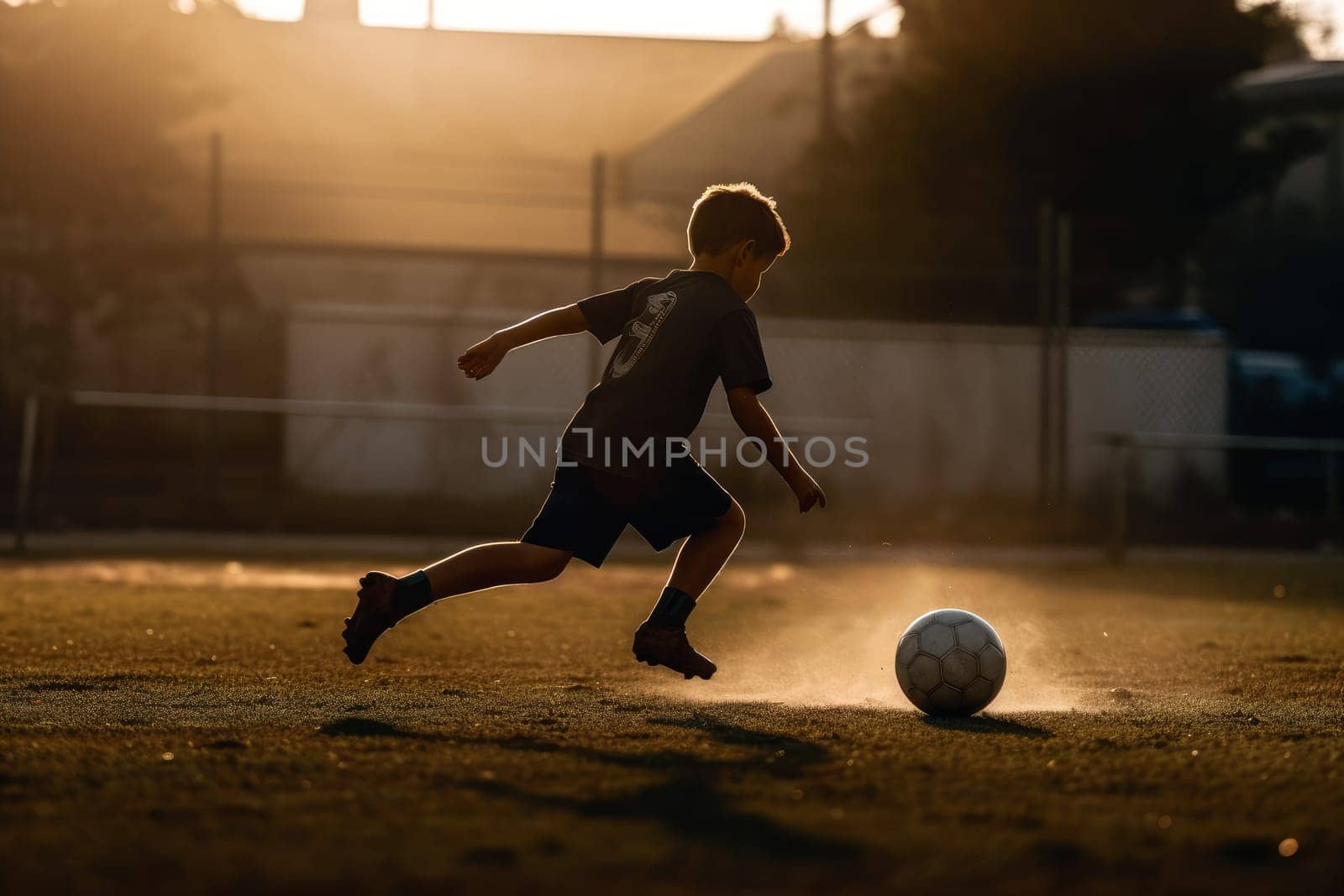 Boy play football soccer at sunset. Generate Ai by ylivdesign