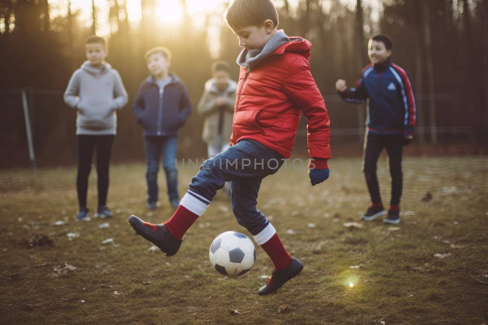 Boy play street soccer. Play sport training. Fictional person. Generate Ai