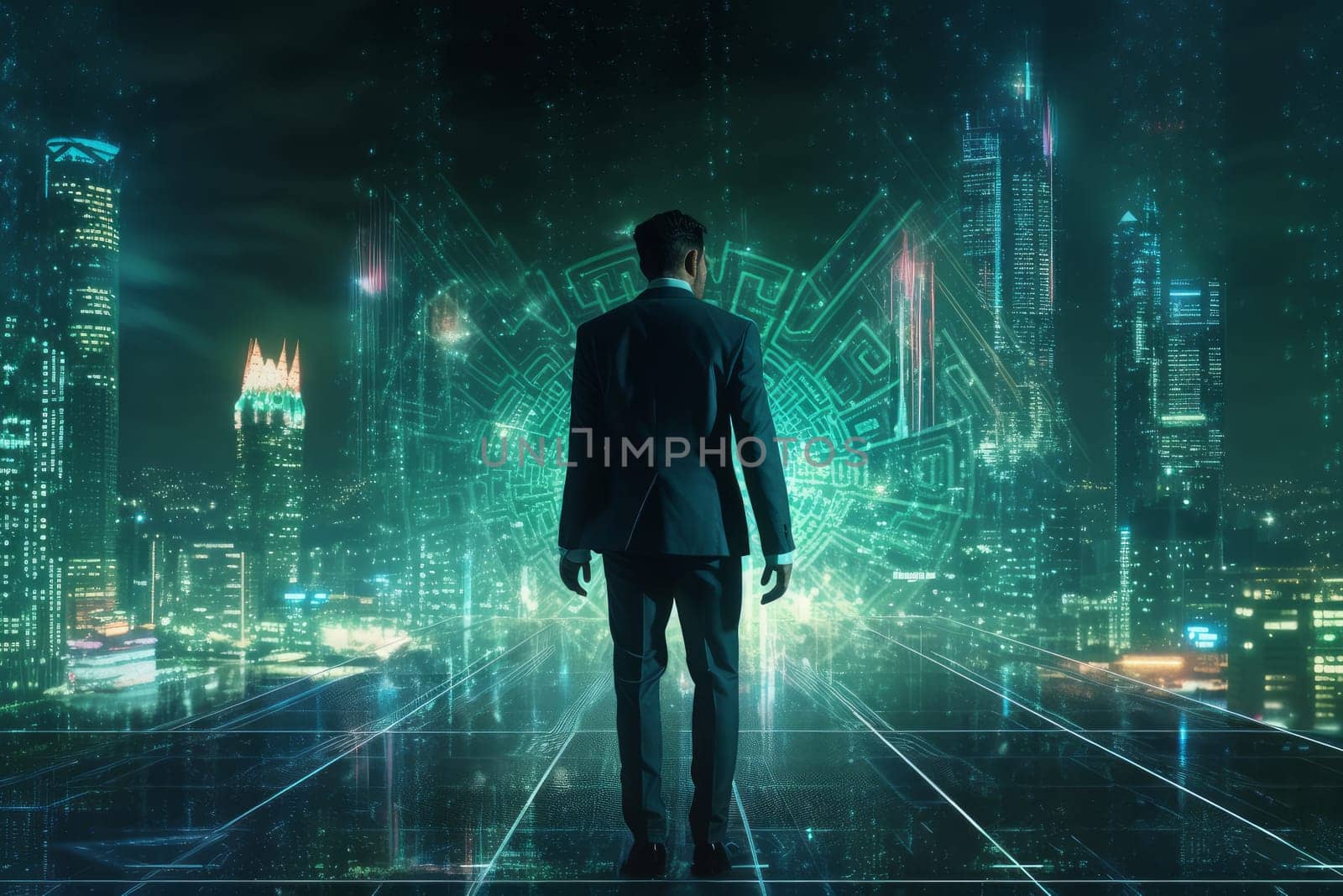 Businessman walking futuristic city. Digital smart modern. Generate Ai
