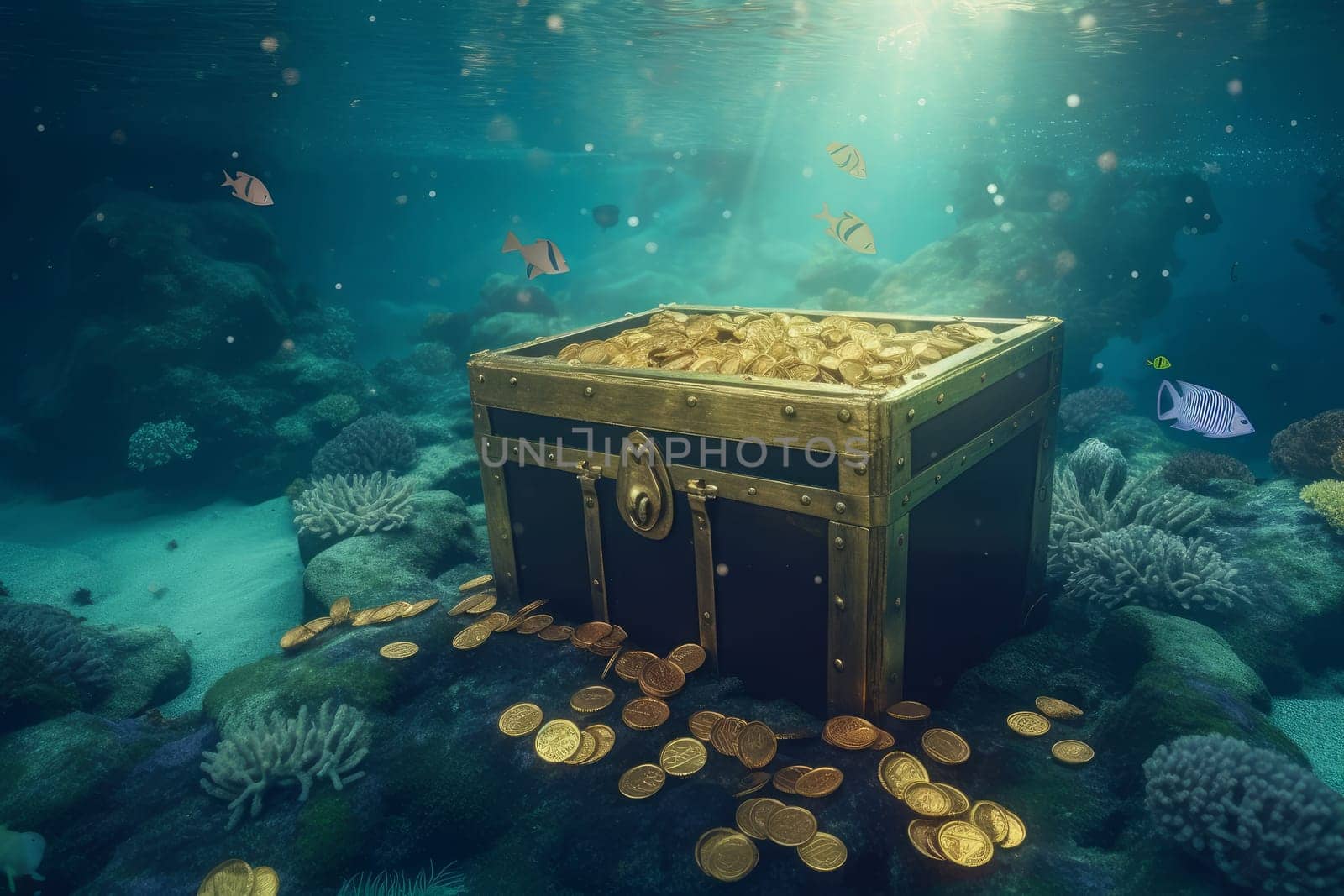 Chest with gold coins underwater. Money box. Generate Ai