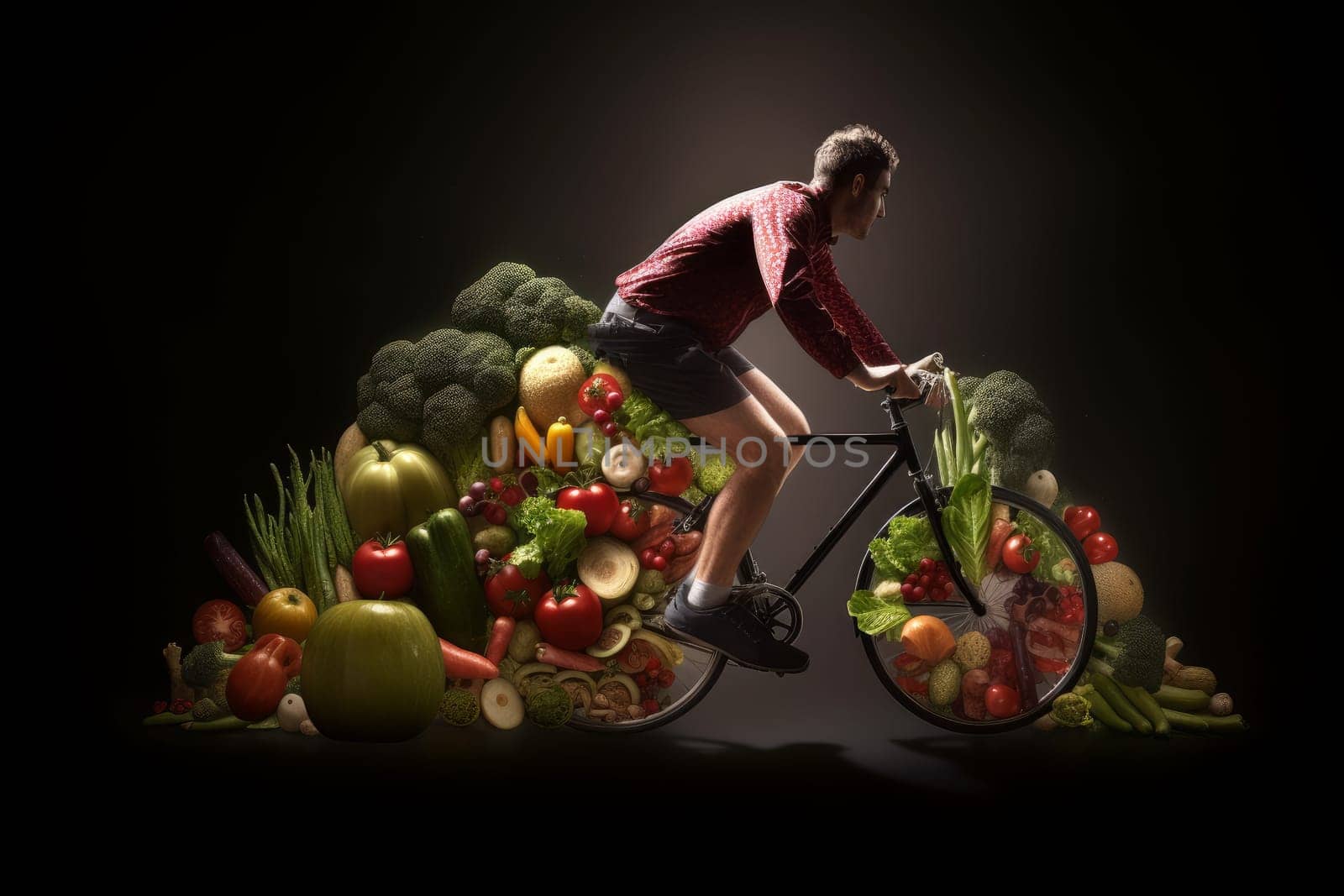 Cyclist riding vegetables. Creative sport bike. Fictional person. Generate Ai
