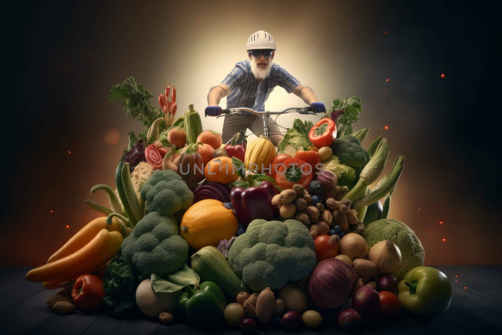 Cyclist riding vegetables and fruits. Generate Ai by ylivdesign