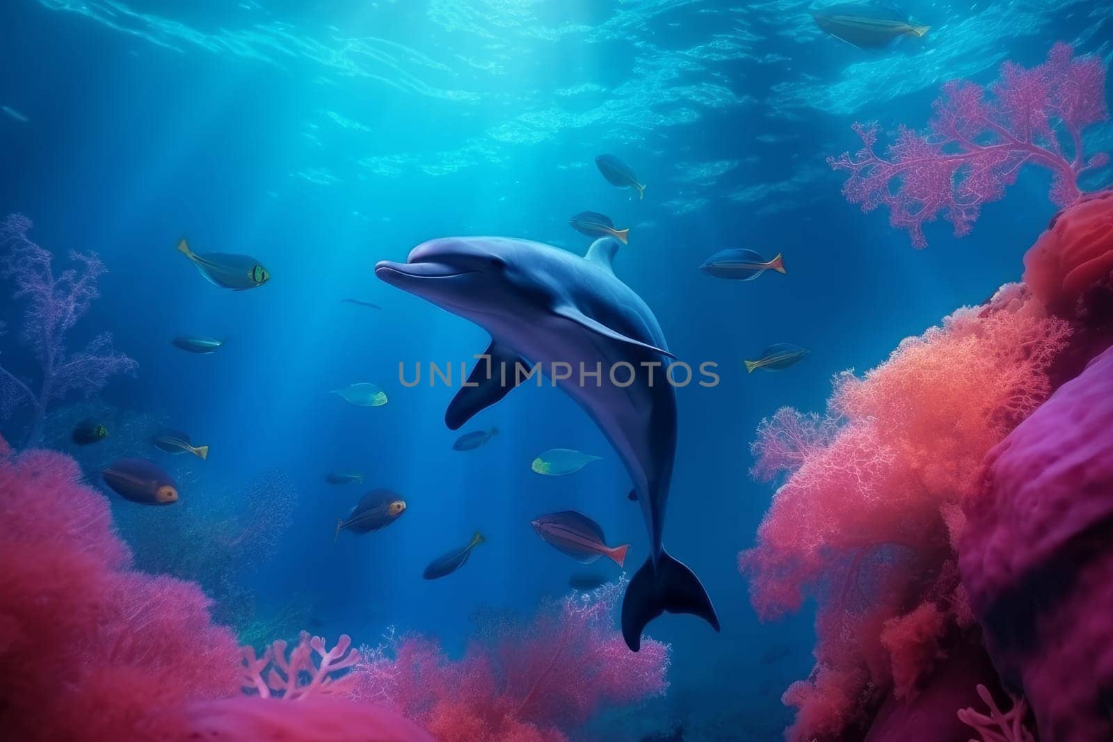 Dolphin swim sea. Generate Ai by ylivdesign