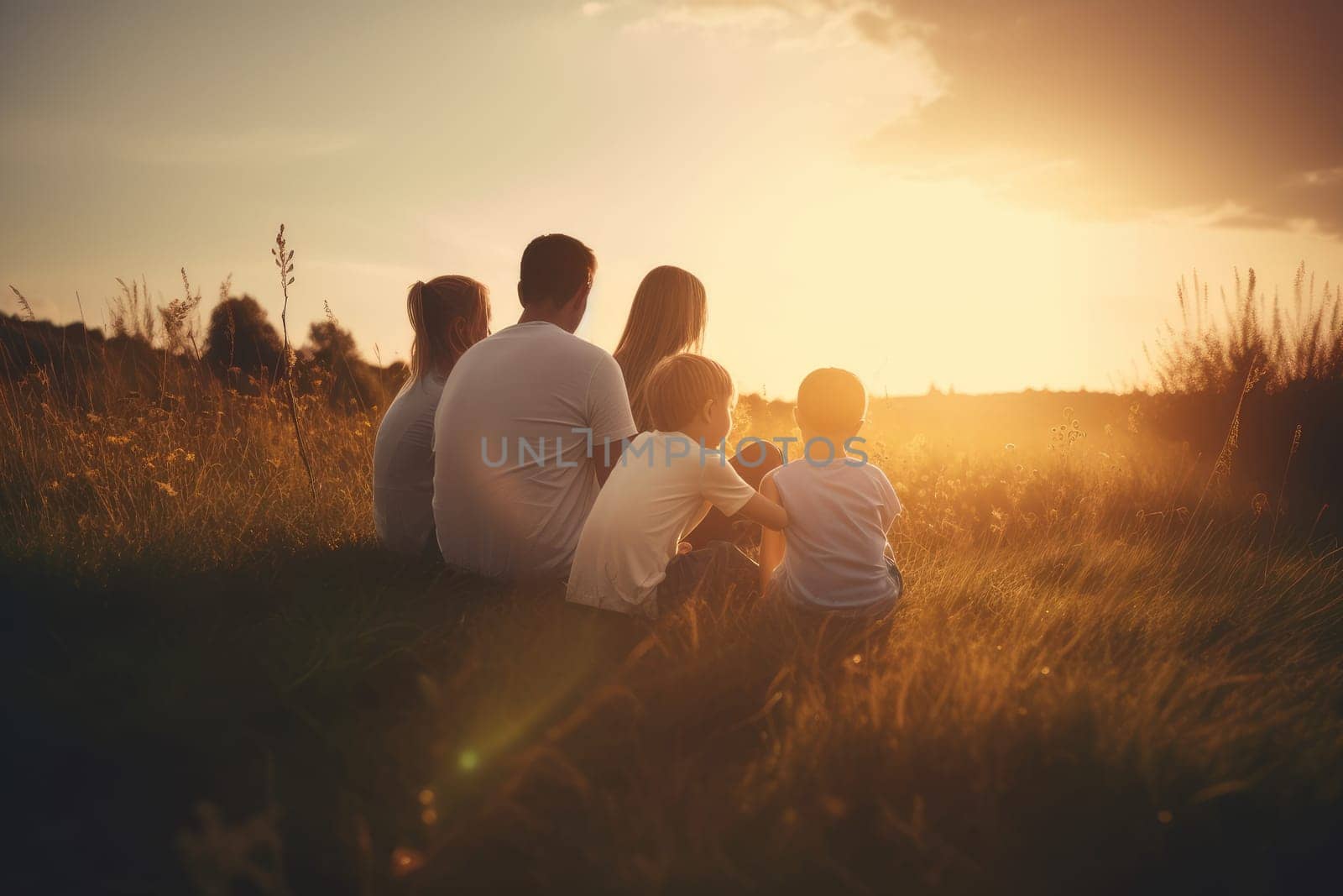 Family view of sunset. Generate Ai by ylivdesign