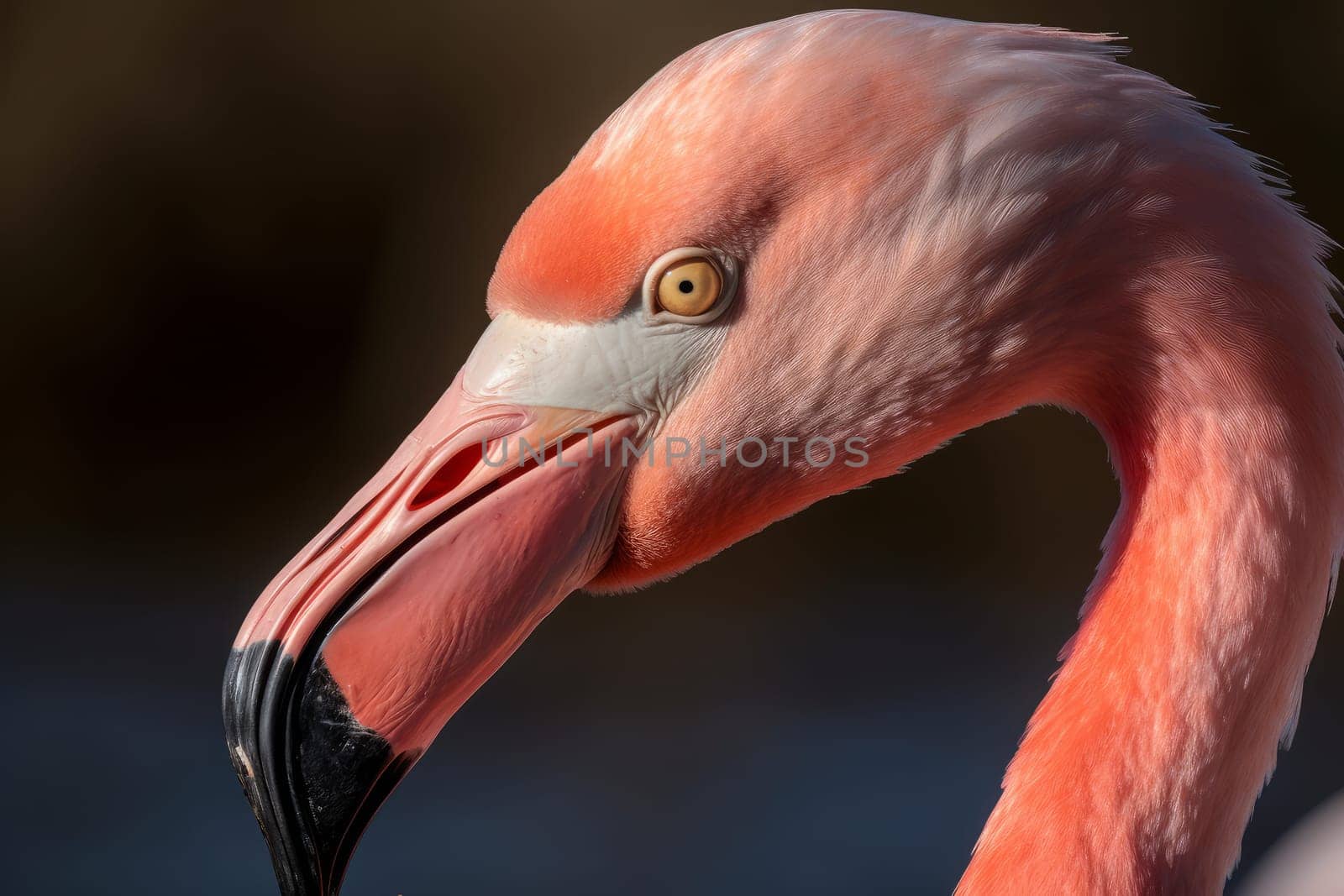 Flamingo closeup head. Nature pink feather. Generate Ai
