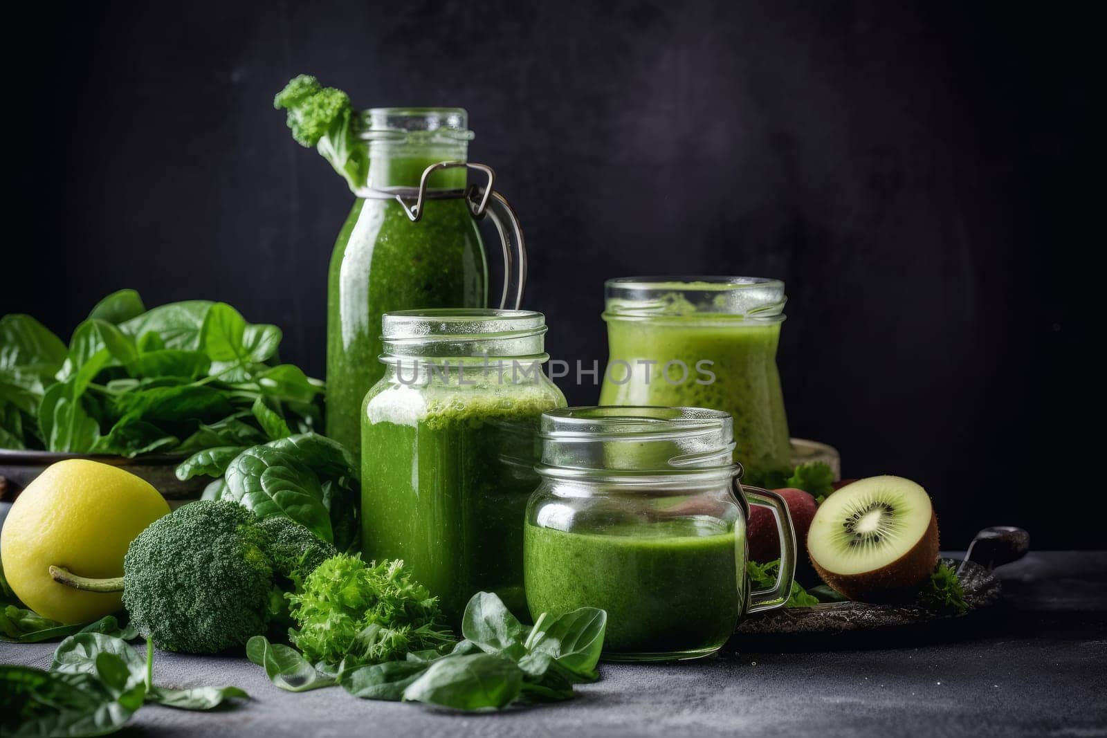 Green glass jar smoothie. Organic yogurt. Generate Ai