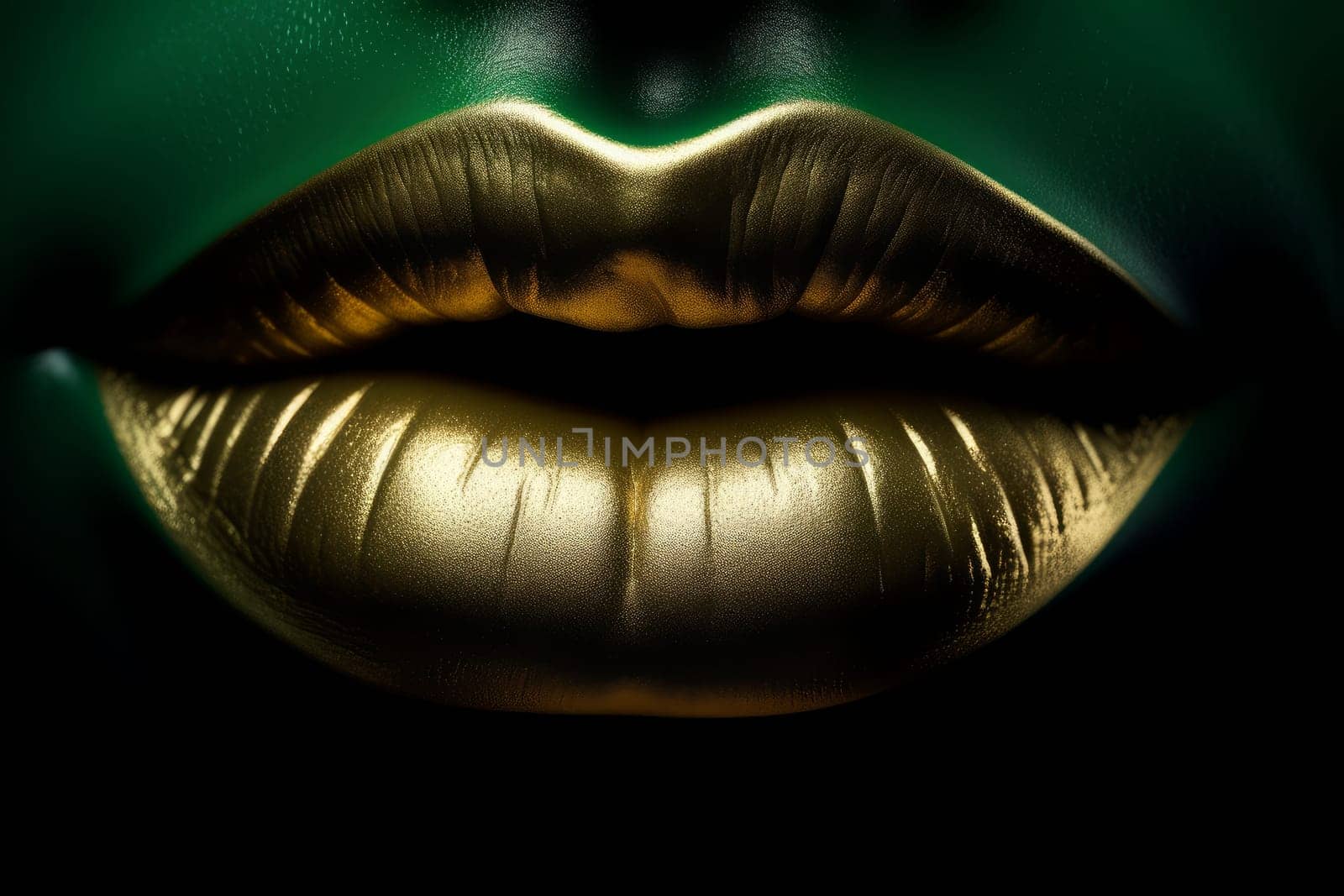 Golden lips green background. Makeup model. Generate Ai