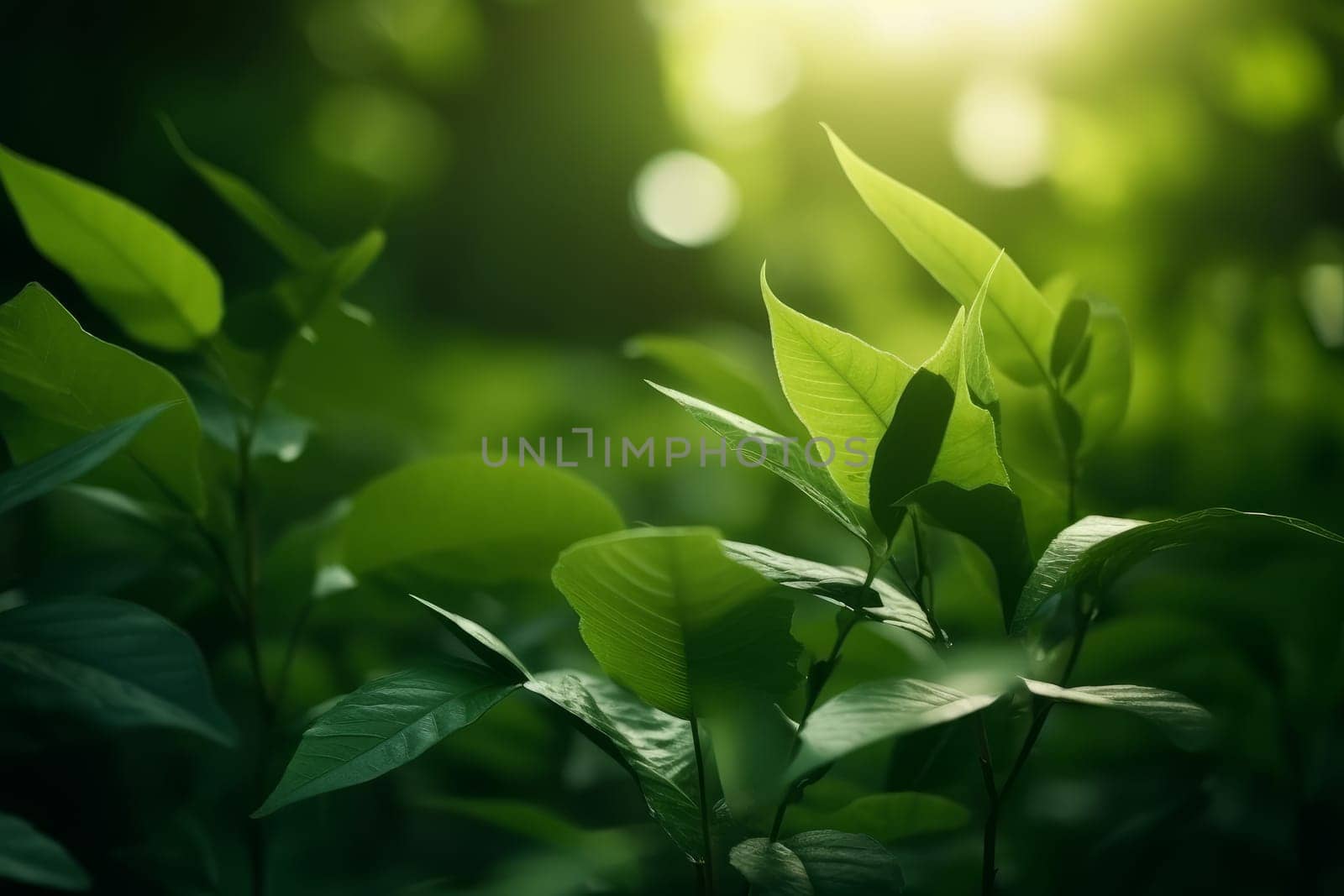 Green leaf in sun light. Generate Ai by ylivdesign
