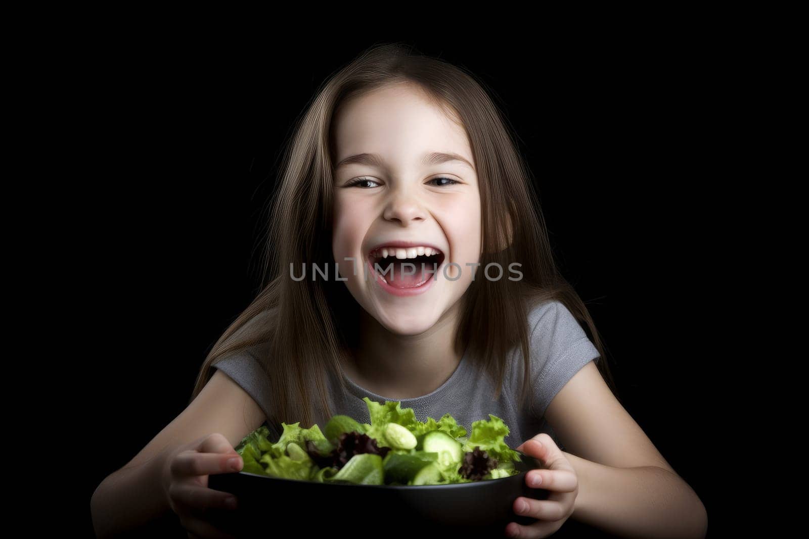 Happy smiling girl eating salad. Generate Ai by ylivdesign