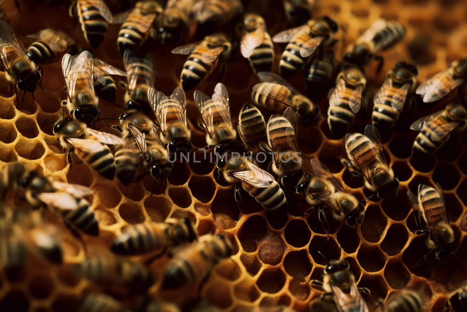 Honey bee working. Macro nature. Generate Ai