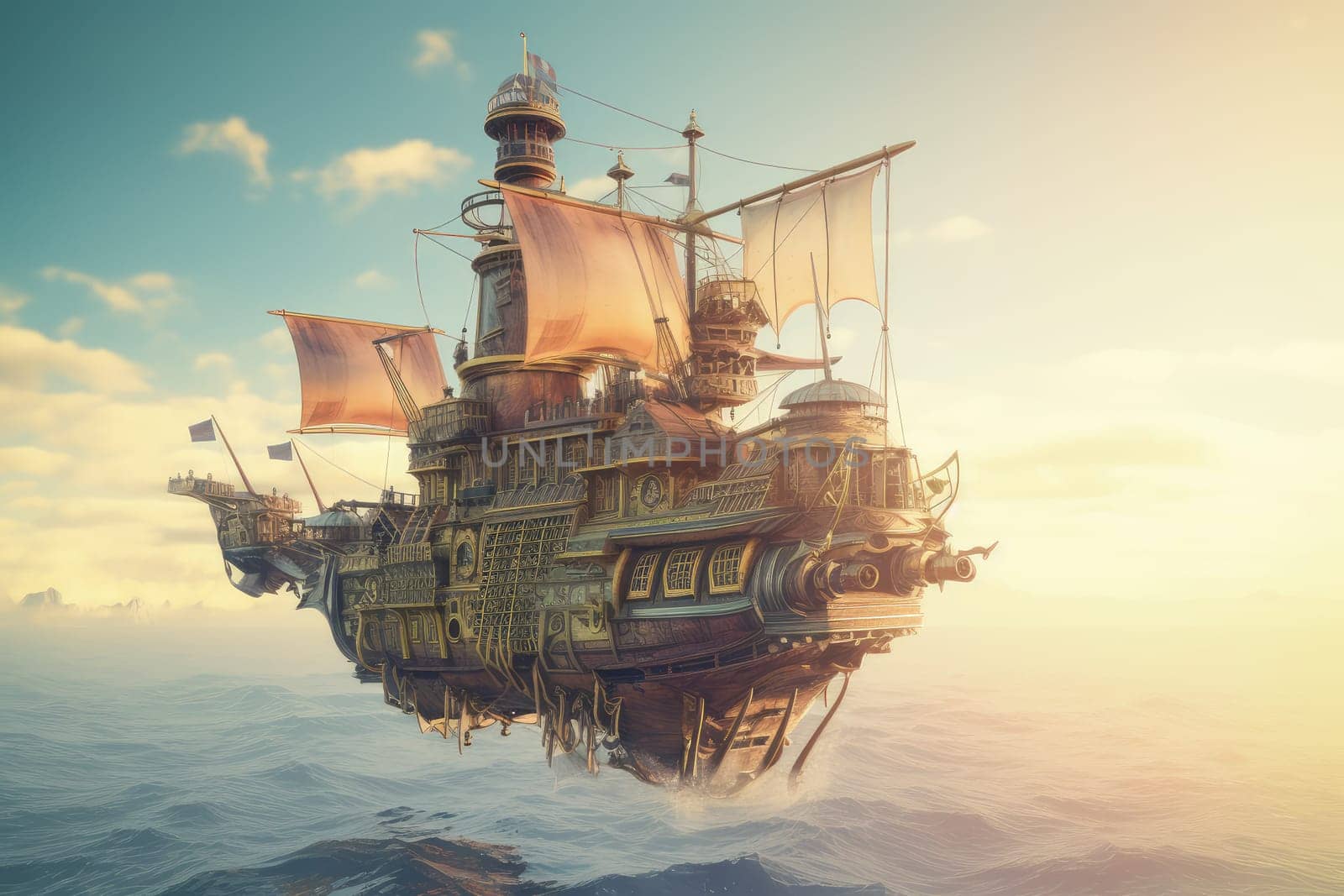Fly machine steampunk. Airship fly city. Generate Ai