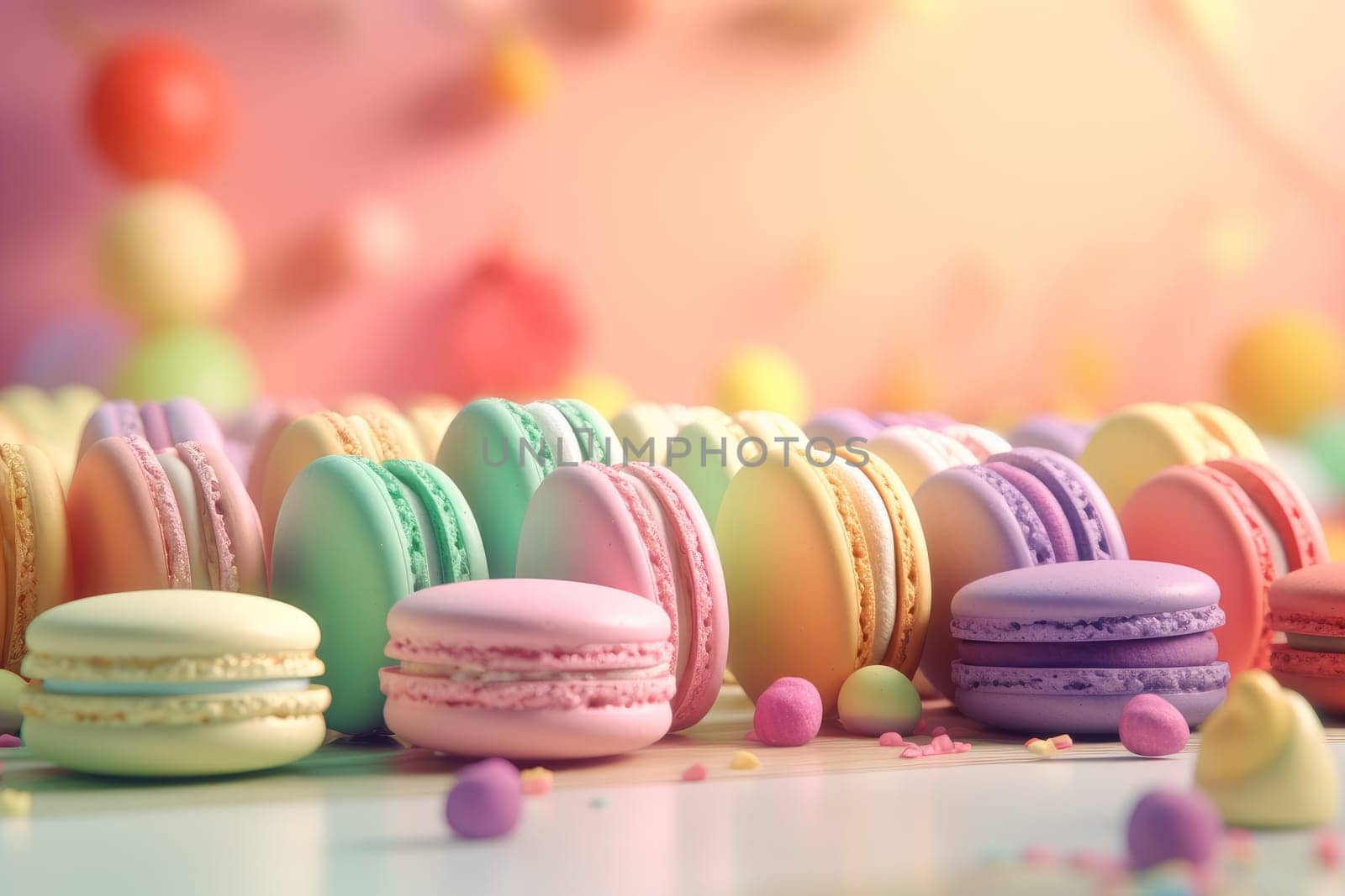 Many colorful macarons. Generate Ai by ylivdesign