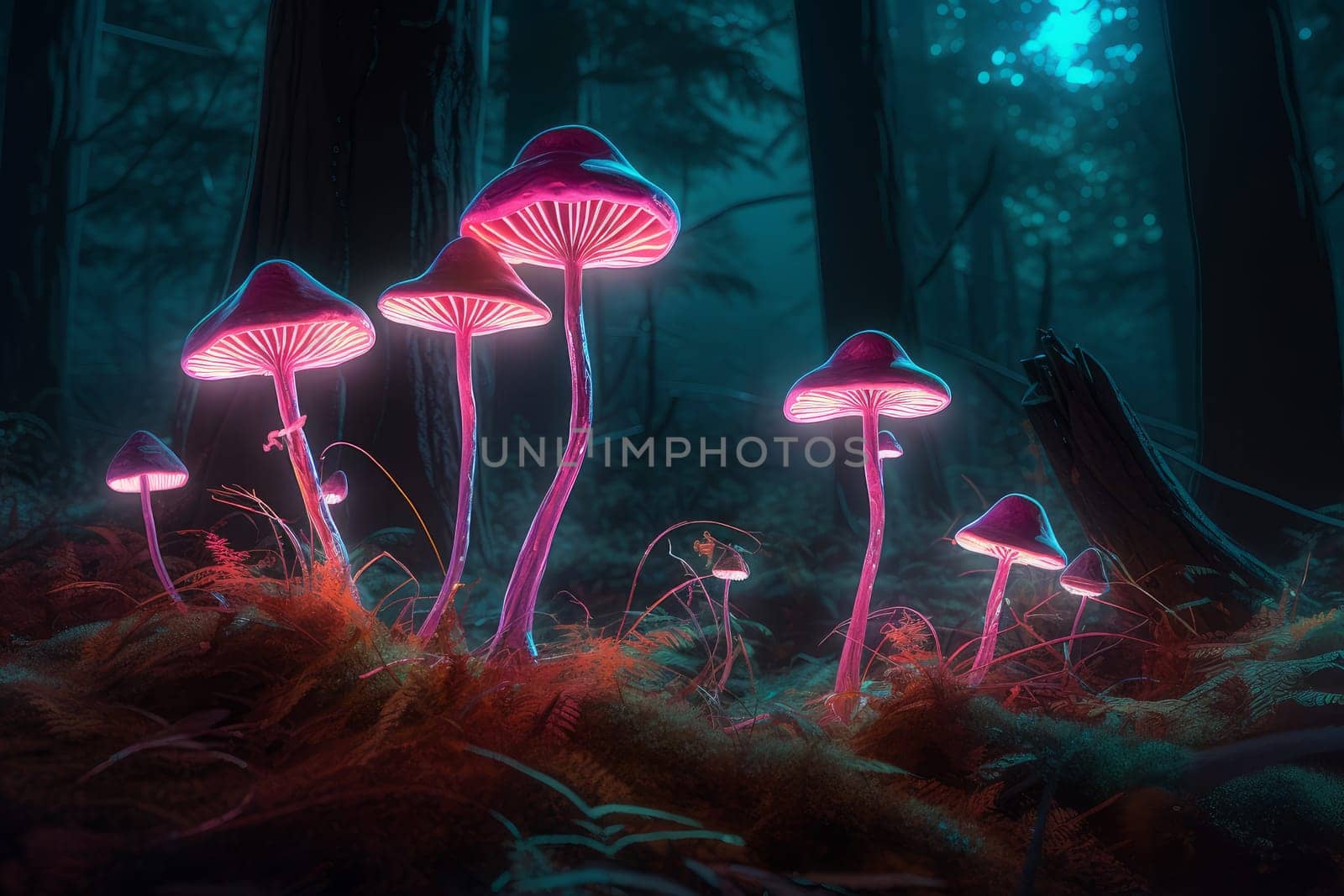 Mushroom glowing forest. Fantasy night. Generate Ai