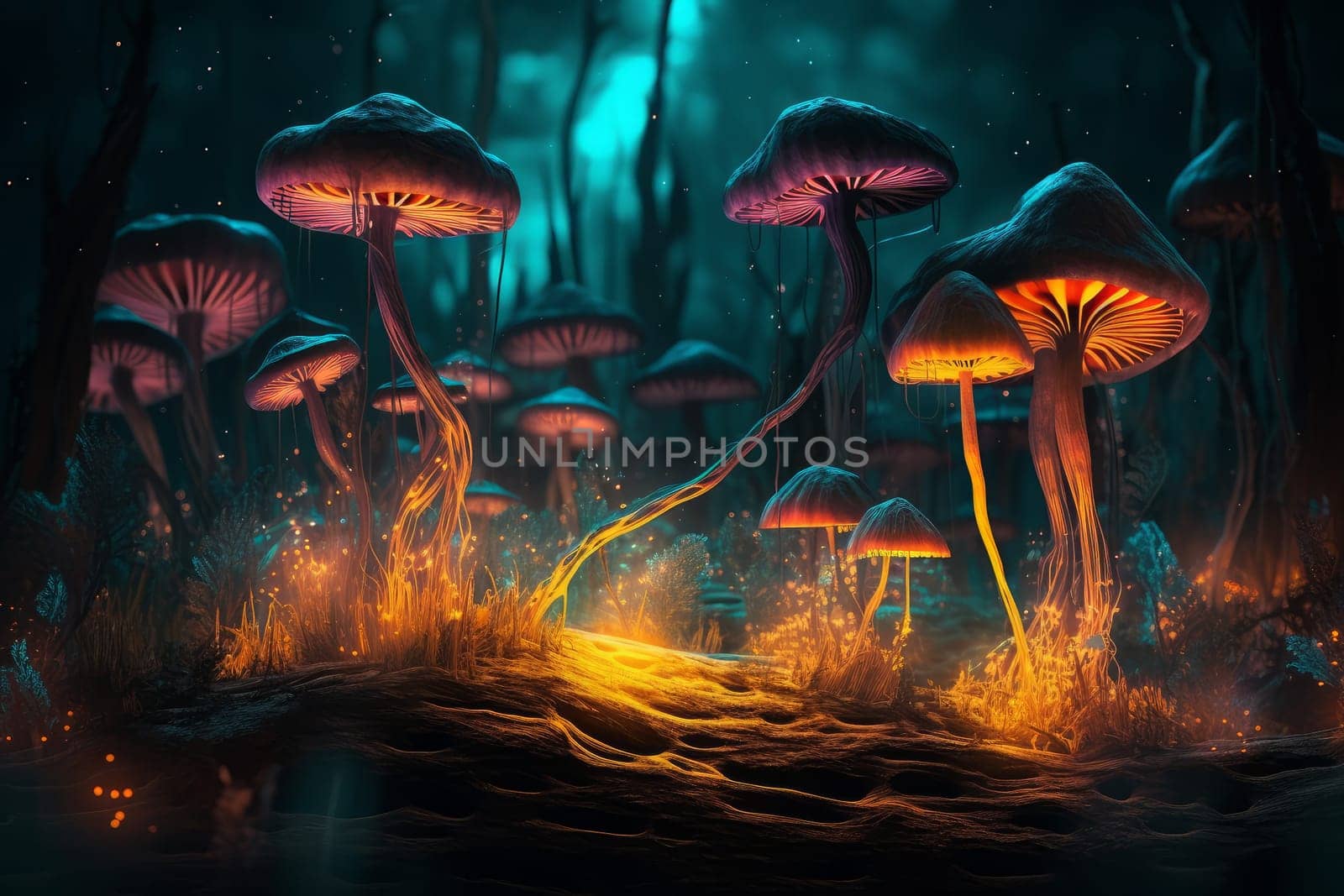 Neon light mushroom. Magic fantasy plant. Generate Ai