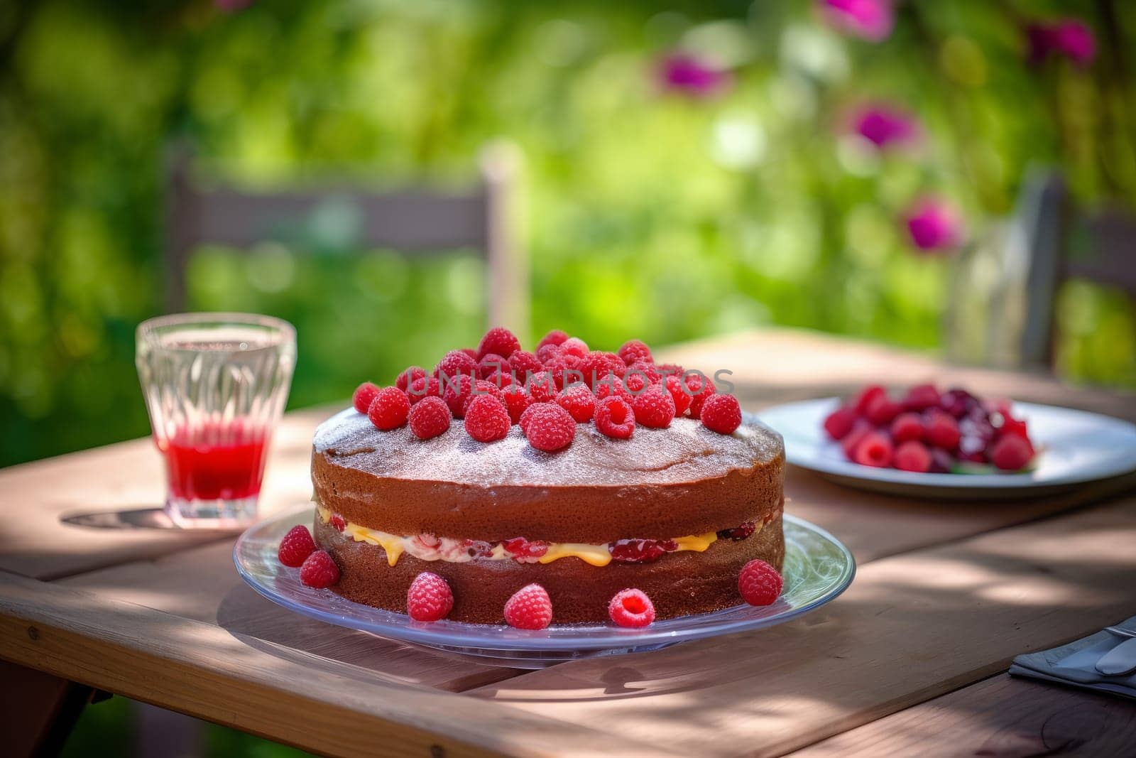 Raspberry cake in sunlight. Slice pastry. Generate Ai