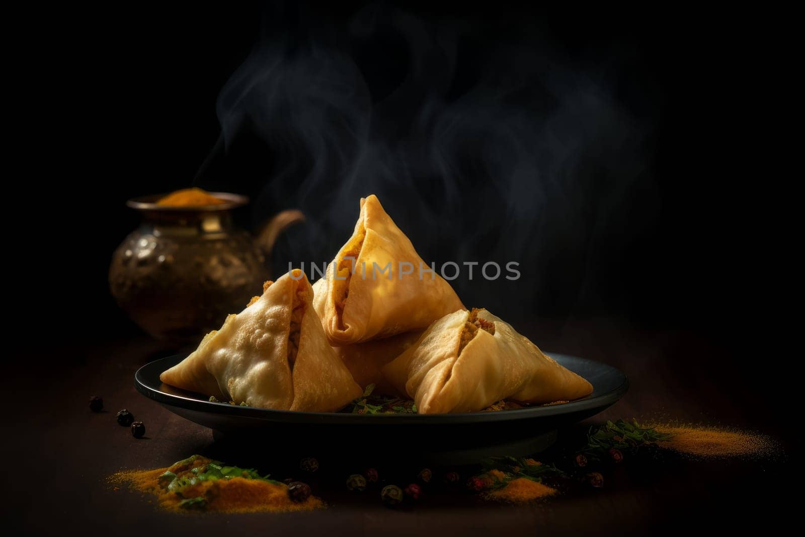 Hot samosa in plate. Generate Ai by ylivdesign