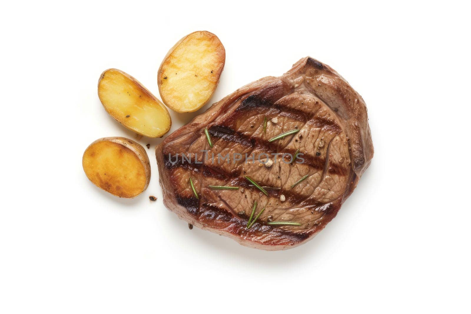 Steak potatoes isolated. Meat food. Generate Ai