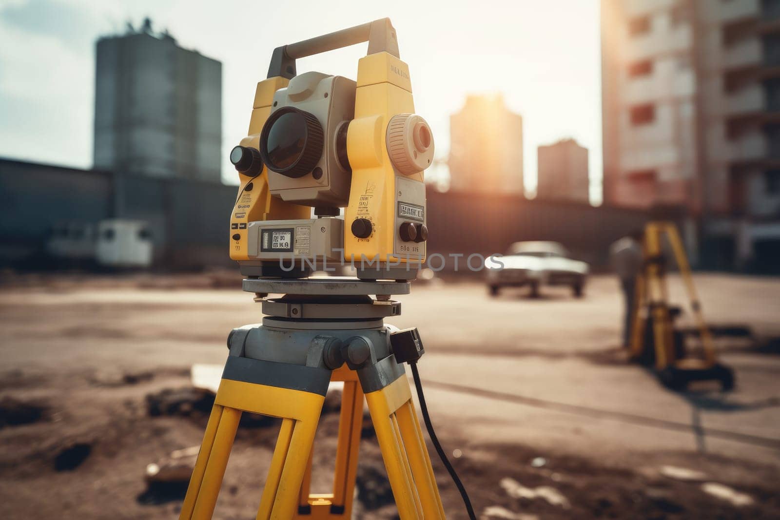 Surveyors equipment theodolite site. Generate Ai by ylivdesign