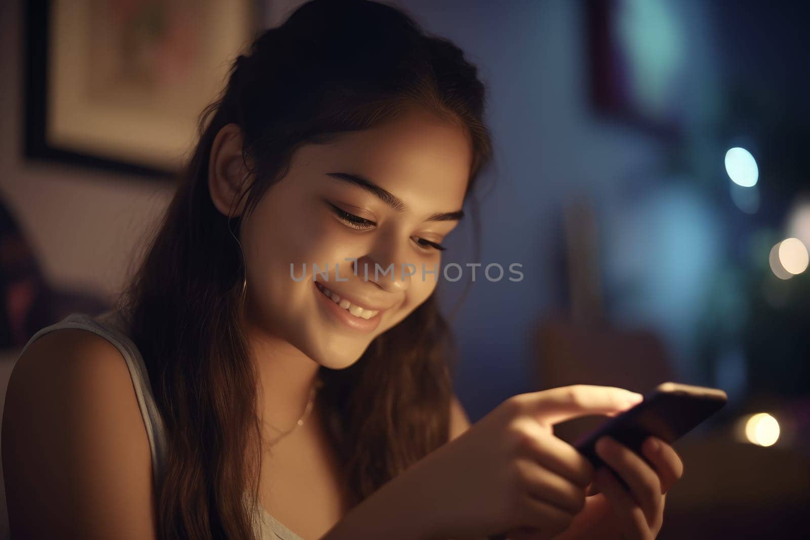 Teen girl in smartphone. Generate Ai by ylivdesign