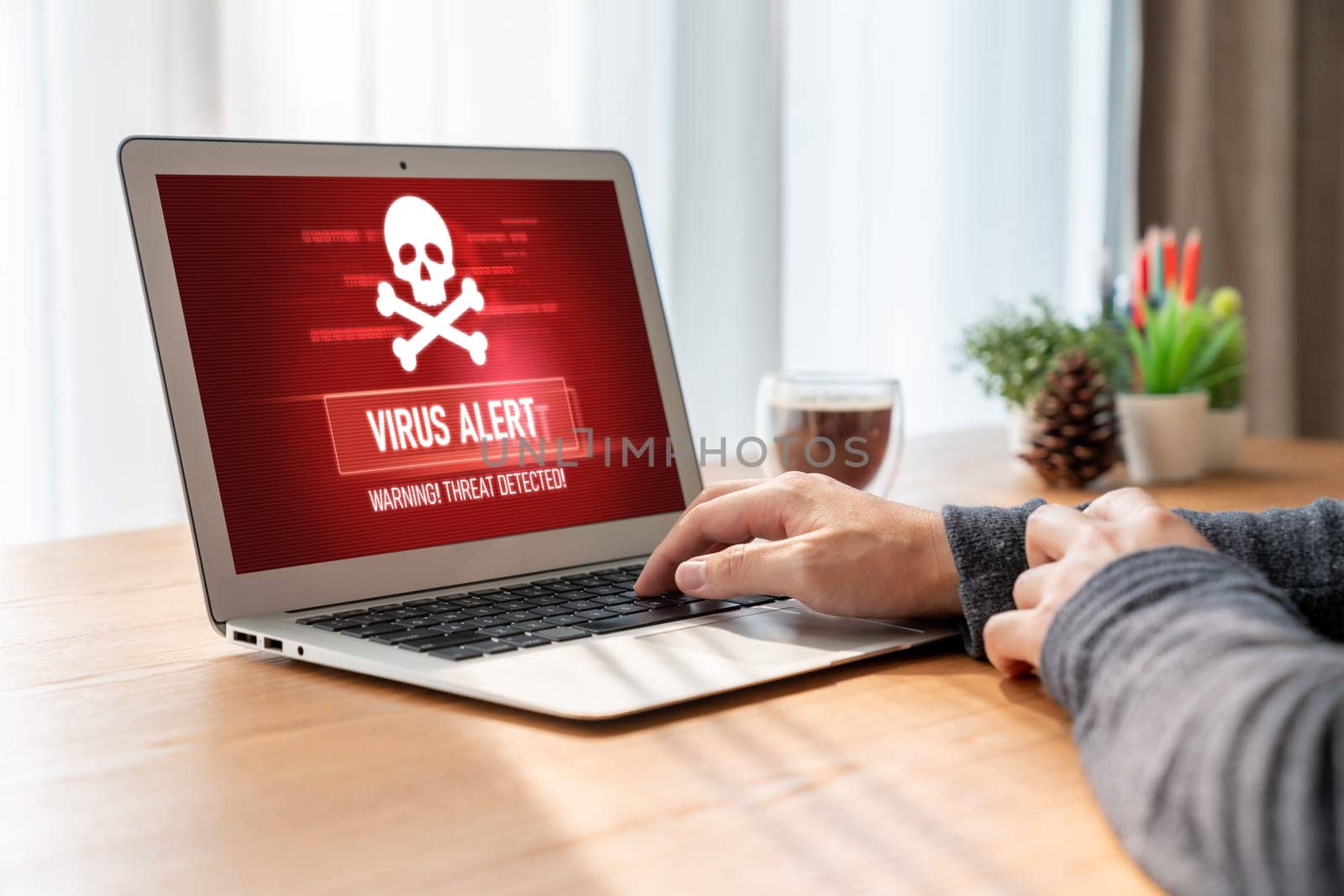Virus warning alert on computer screen detected modish cyber threat by biancoblue